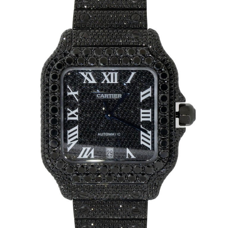 Cartier Santos Stainless Steel PVD All Black Diamonds Pave Watch at 1stDibs
