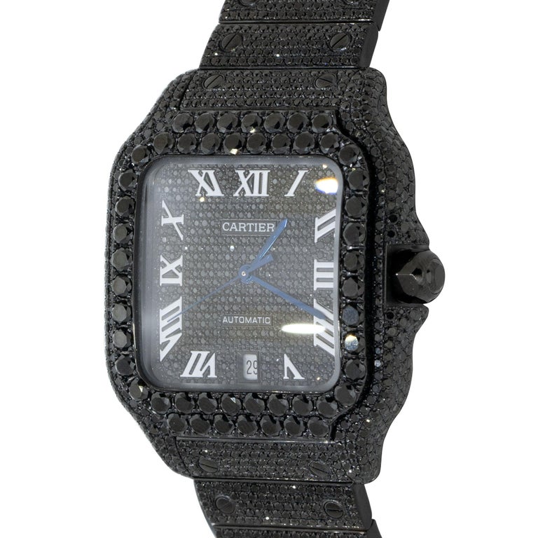 Cartier Santos Stainless Steel PVD All Black Diamonds Pave Watch at 1stDibs