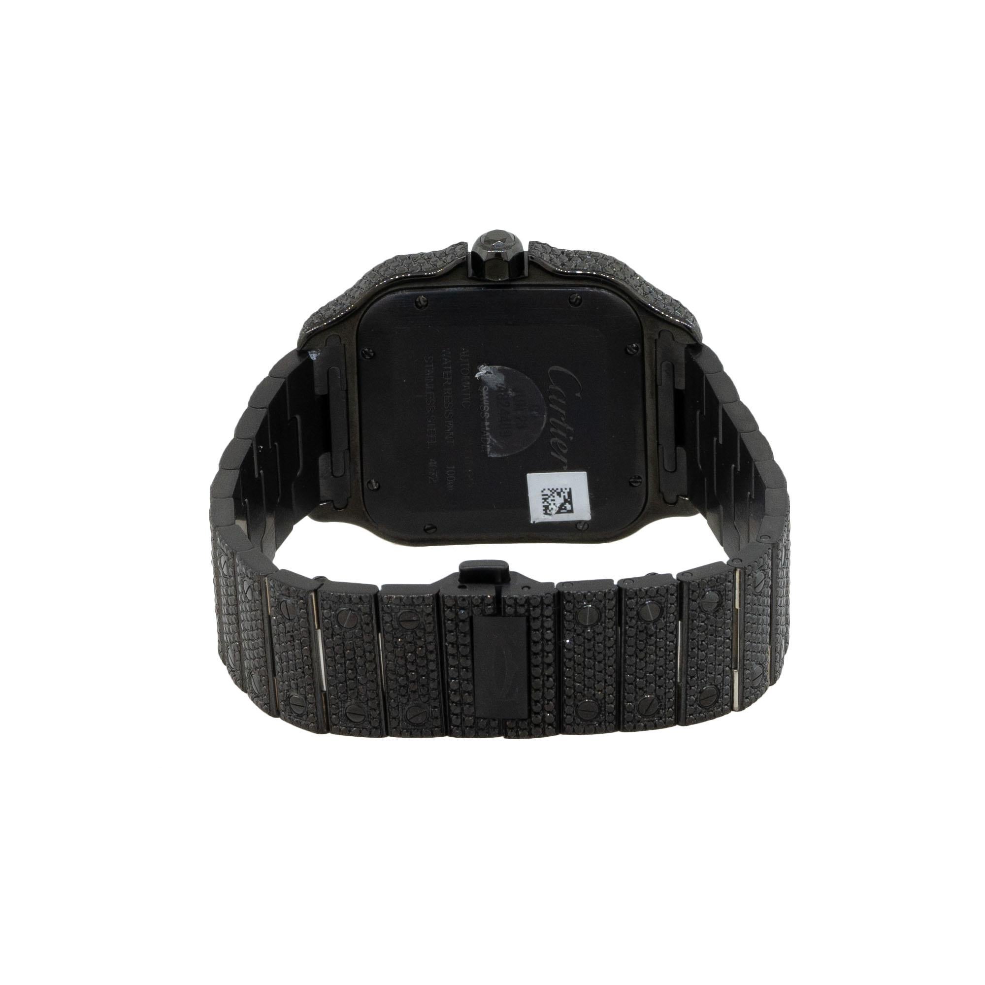 Taille ronde Cartier Santos Montre en acier inoxydable PVD avec tous les diamants noirs pavés
