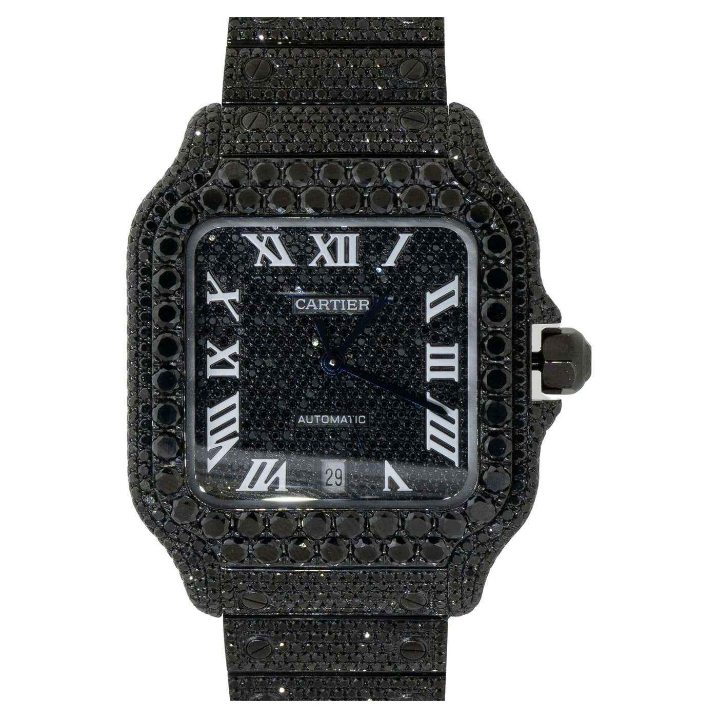 Cartier Santos Stainless Steel PVD All Black Diamonds Pave Watch At cartier-santos-stainless-steel-pvd-all-black-diamonds-pave-watch-at