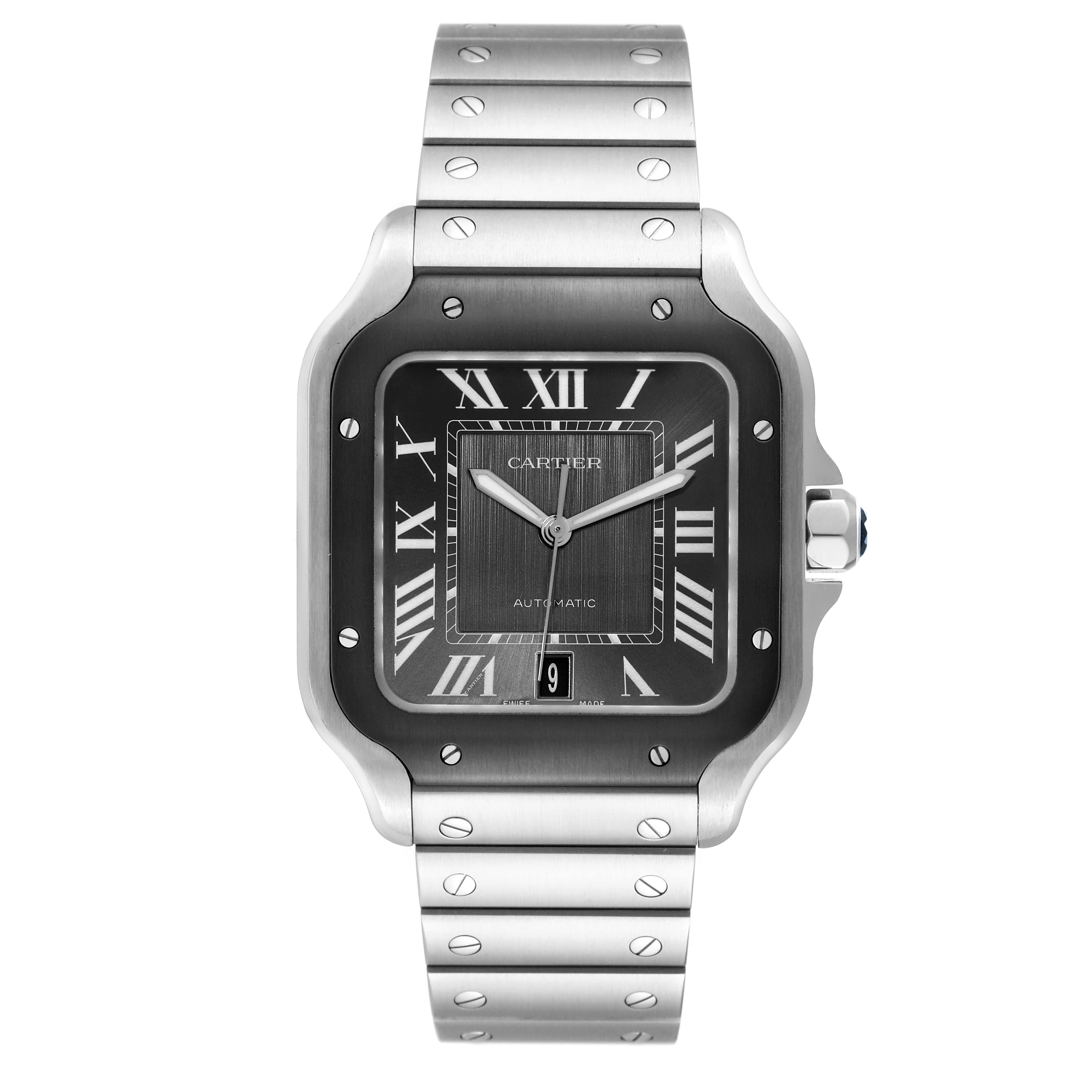 Cartier Santos Steel DLC Grey Dial Mens Watch WSSA0037 Box Card. Automatic self-winding movement. Stainless steel case 39.8 x 47.5 mm. Octagonal crown set with a faceted black spinel. Black ADLC coated brushed stainless steel bezel punctuated with 8