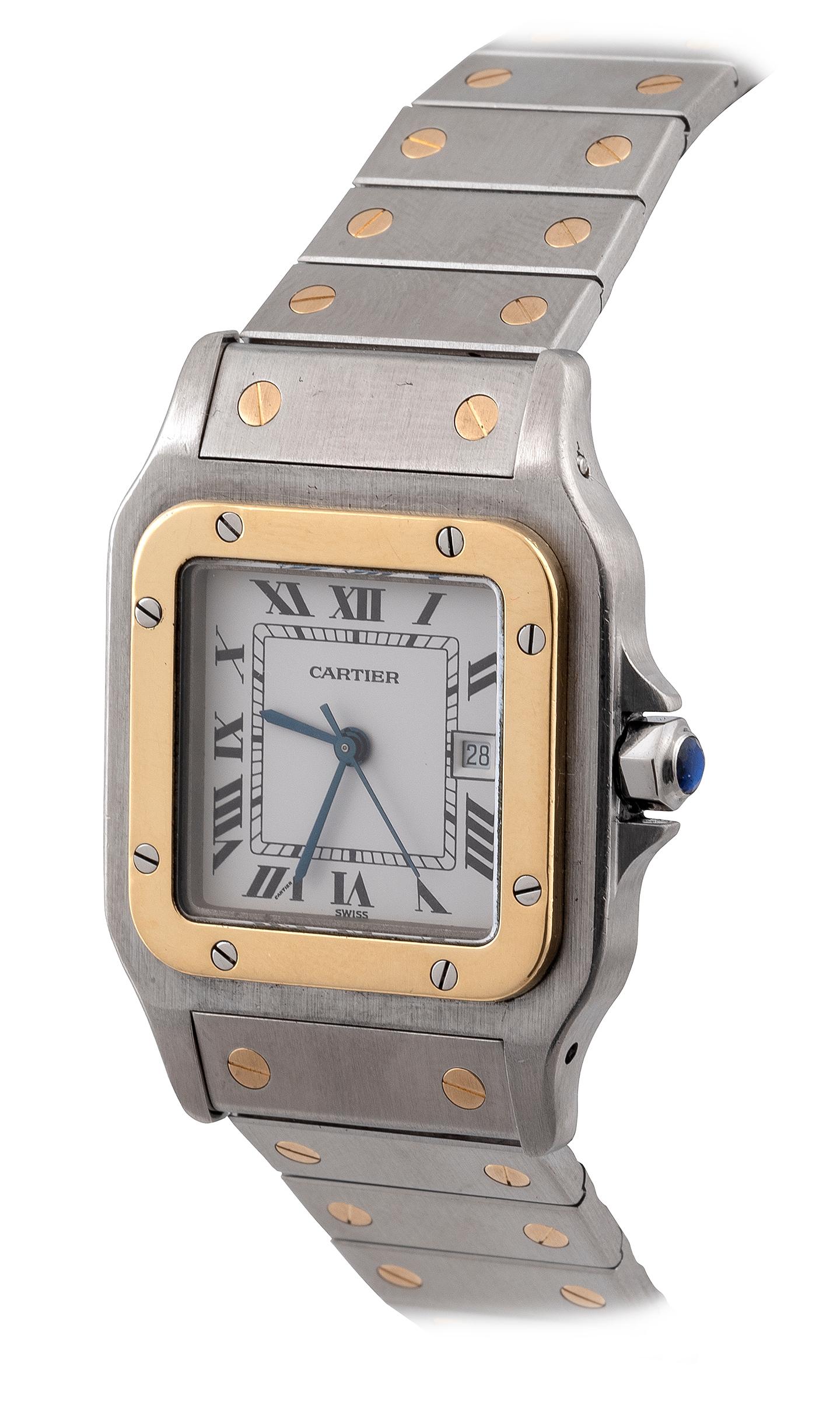 BERNARDO ANTICHITÀ PONTE VECCHIO FLORENCE

Fine, square, center seconds, self-winding, water-resistant, stainless steel and 18K yellow gold wristwatch with date and a stainless steel Cartier Santos bracelet with 18K yellow gold screws and steel