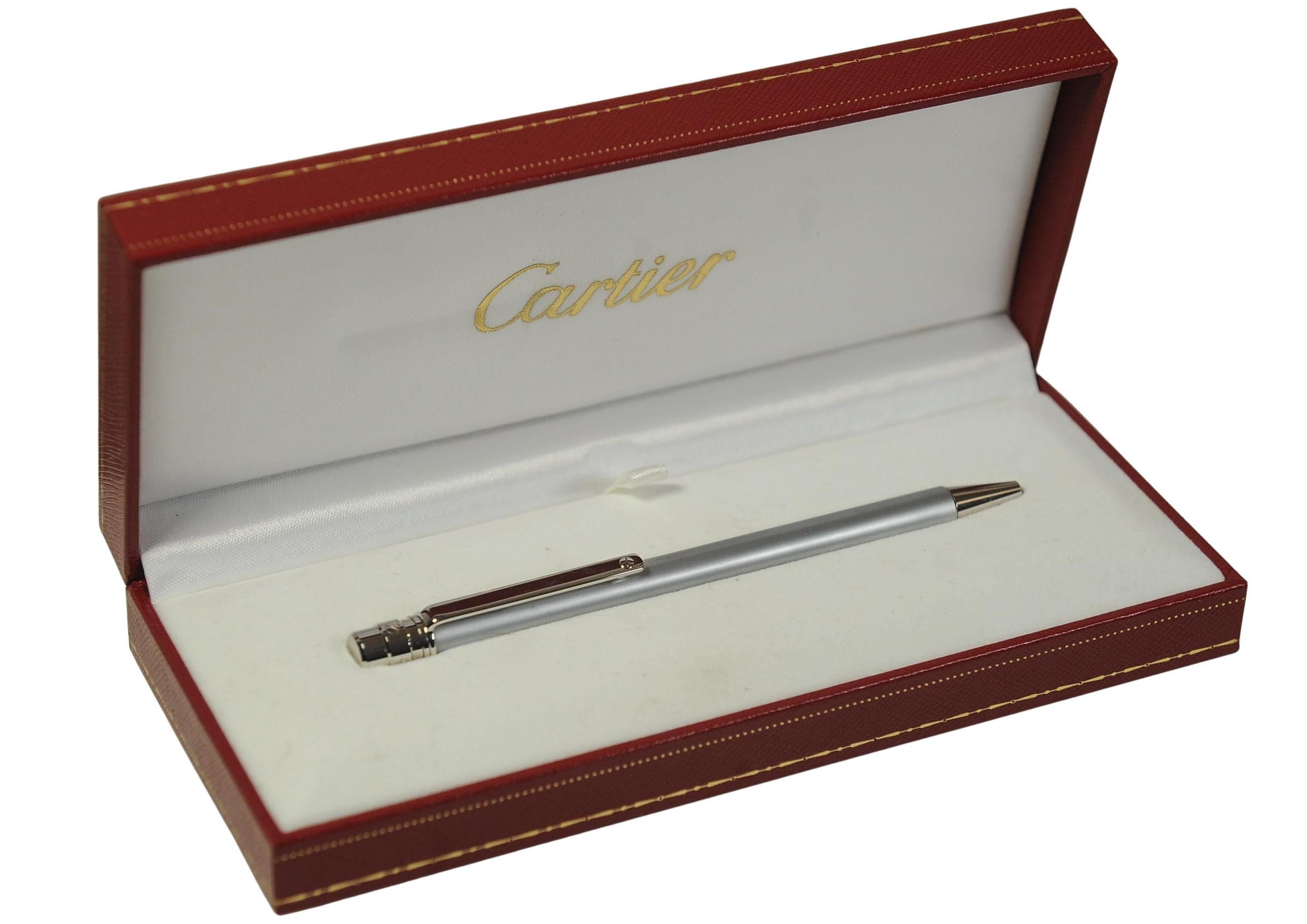Bolígrafo Cartier Santos Style Billo M Cromo Cepillado en Estuche Cartier Art Decó en venta