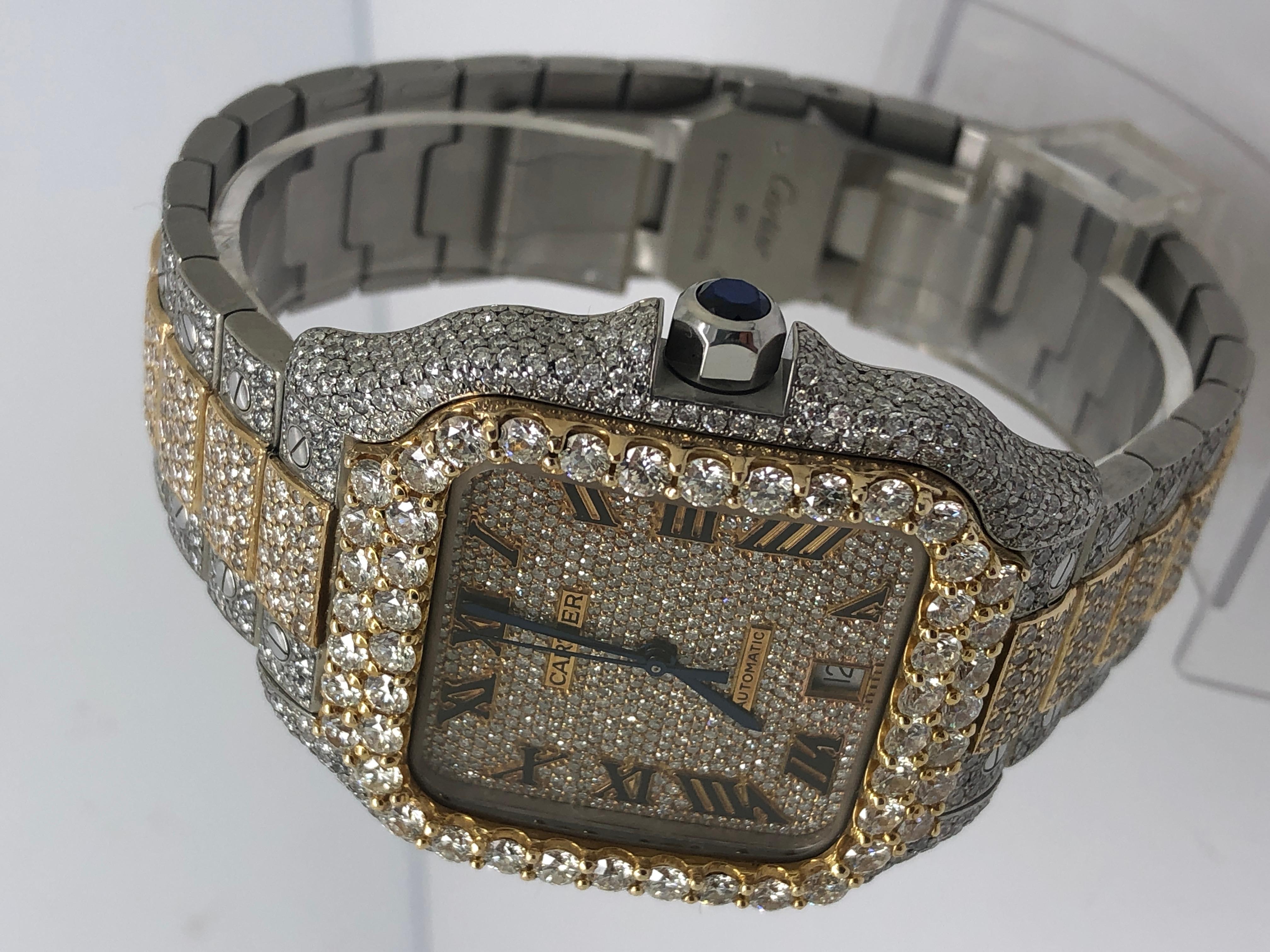 Brand New!  Large diamond Bezel!!

 Authentic Cartier Santos Iced out completely with collection quality vs1-si white natural diamonds
!! WE HAVE EXTRA LINKS AVAILABLE!! 
watch's customization means it cannot be serviced nor authenticated by Cartier