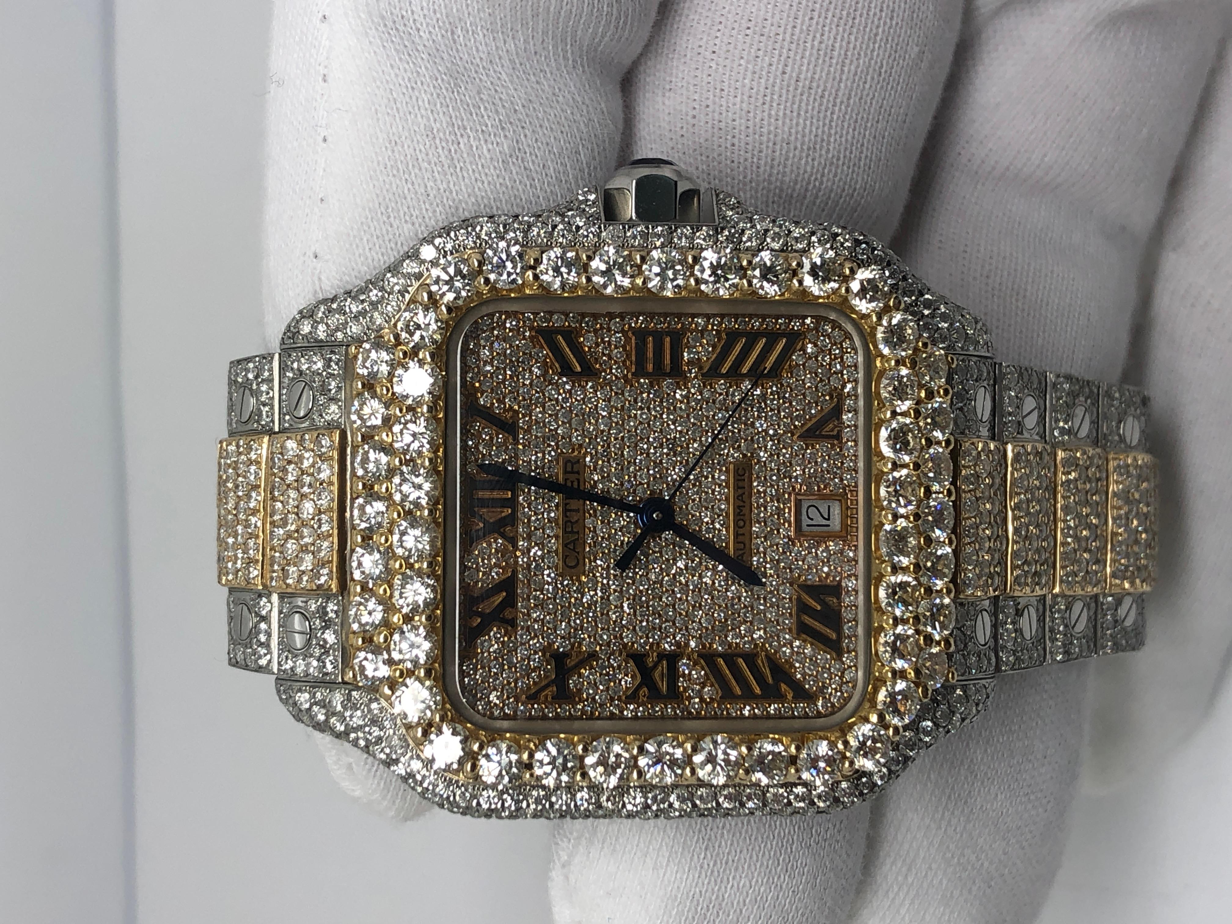 Cartier Santos Two Tone Custom Roman Numeral Iced Out Wrist Watch In New Condition For Sale In New York, NY
