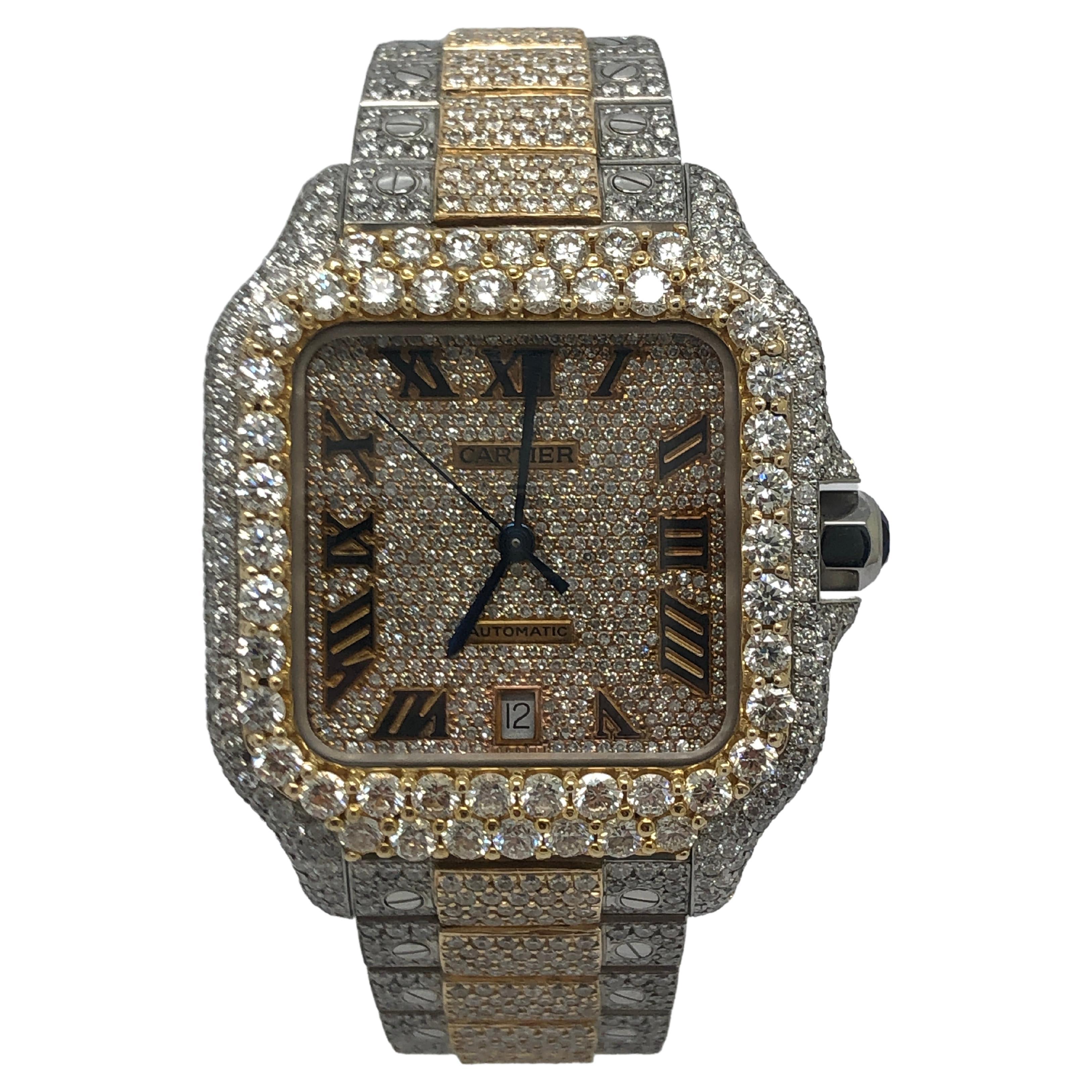 Cartier Santos Two Tone Custom Roman Numeral Iced Out Wrist Watch For Sale  at 1stDibs