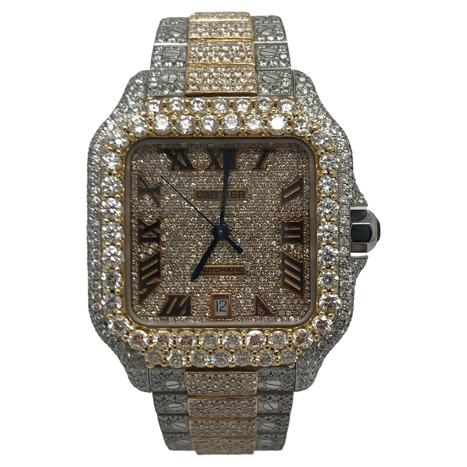 Cartier Santos Iced Out VVS Emerald Cut Diamond Roman Numeral Watch For  Sale at 1stDibs | cartier watch diamond price, cartier santos emerald  green, vvs cartier watch