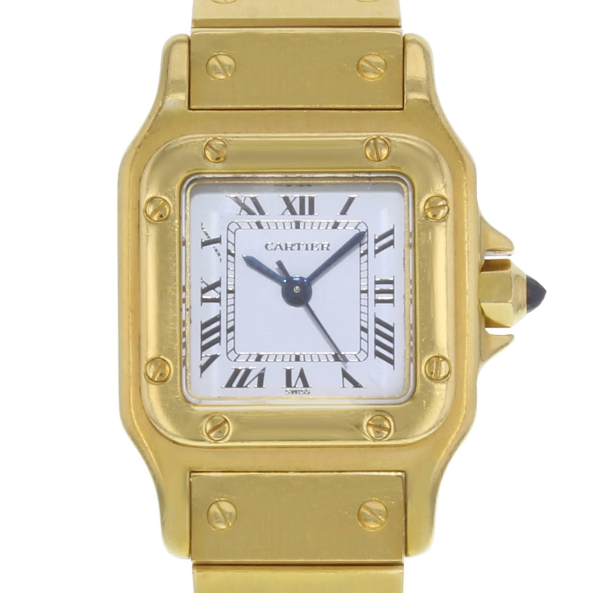 This pre-owned Cartier Santos N/A is a beautiful Ladies timepiece that is powered by an automatic movement which is cased in a yellow gold case. It has a square shape face, no features dial and has hand roman numerals style markers. It is completed
