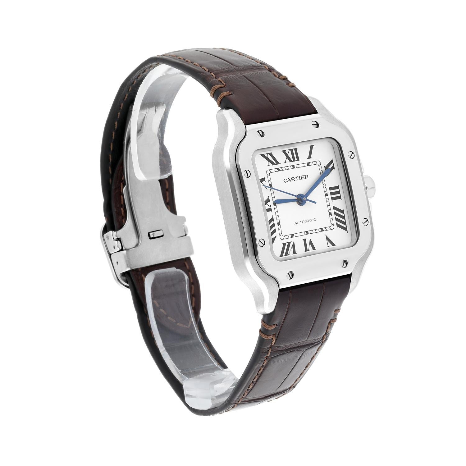 Modern Cartier Santos WSSA0029 Medium Size Stainless Steel Watch Leather Band For Sale
