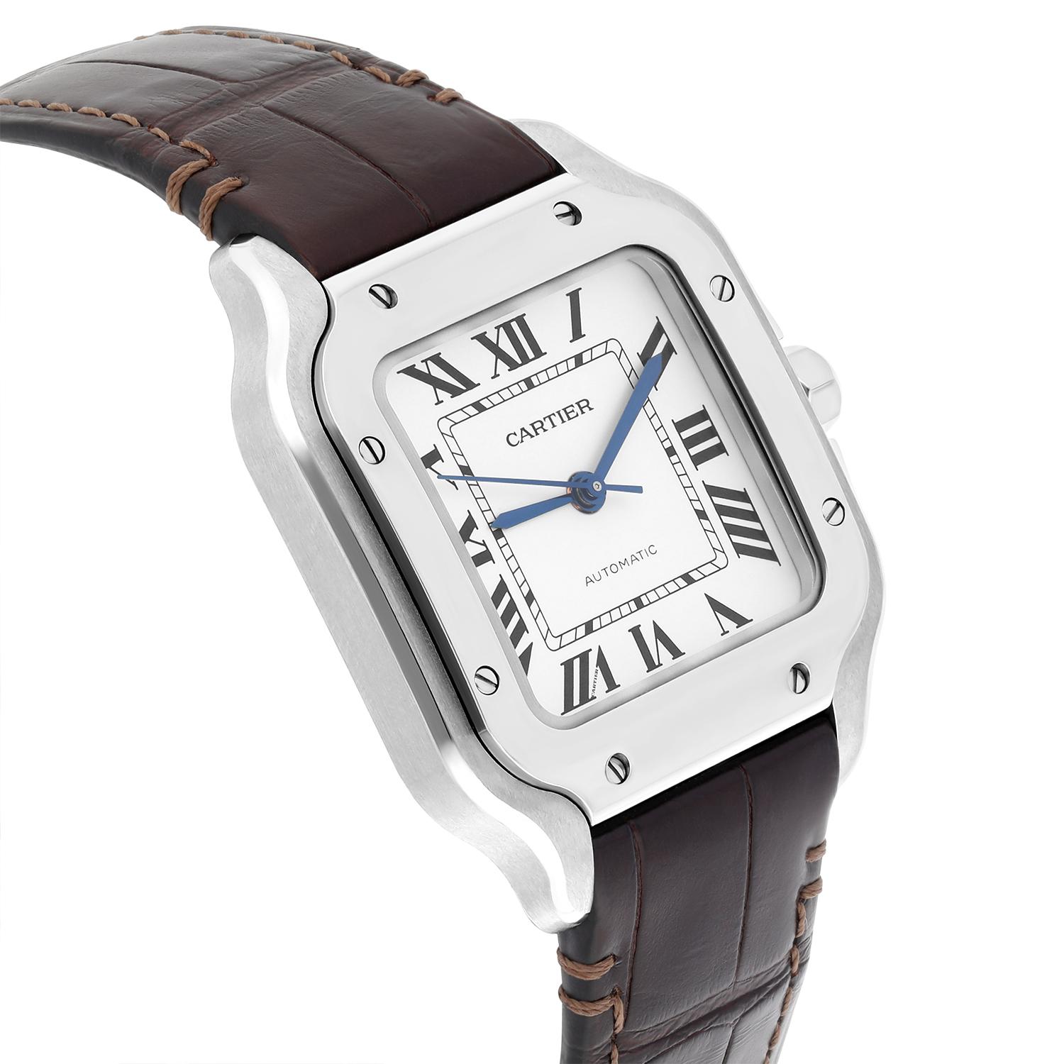 Cartier Santos WSSA0029 Medium Size Stainless Steel Watch Leather Band In Excellent Condition For Sale In New York, NY