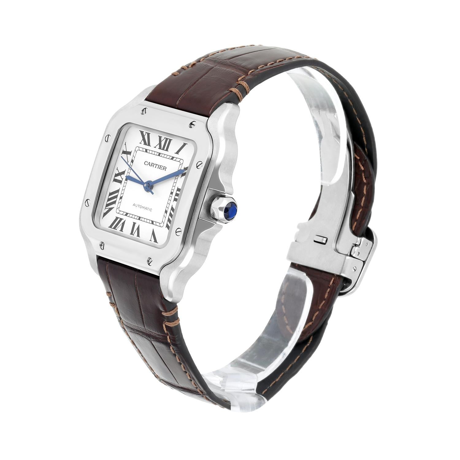 Cartier Santos WSSA0029 Montre en acier inoxydable de taille moyenne avec bracelet en cuir Unisexe en vente