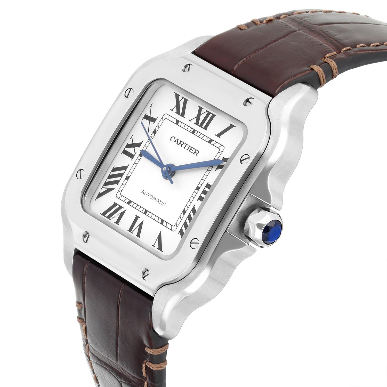 Cartier Santos WSSA0029 Montre en acier inoxydable de taille moyenne avec bracelet en cuir en vente 1