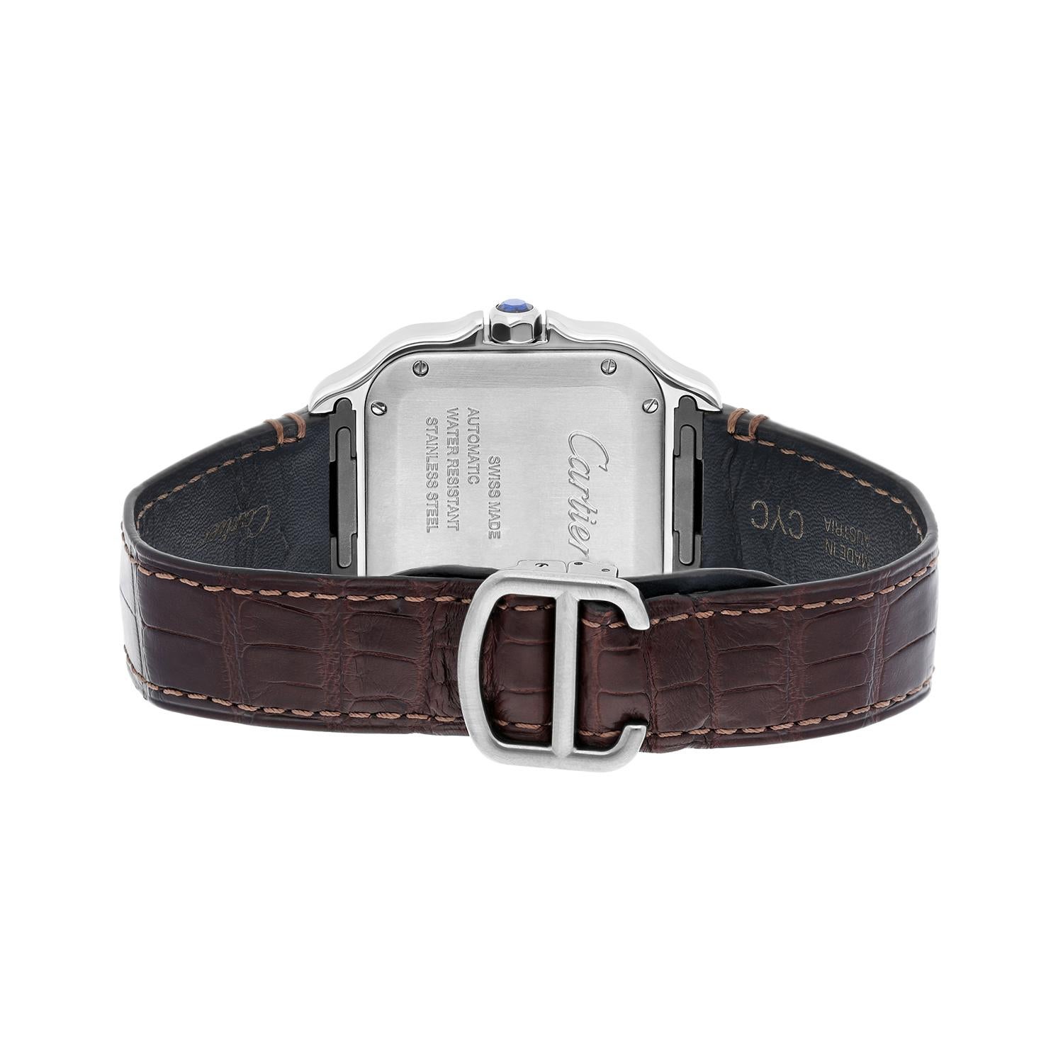 Cartier Santos WSSA0029 Montre en acier inoxydable de taille moyenne avec bracelet en cuir en vente 2