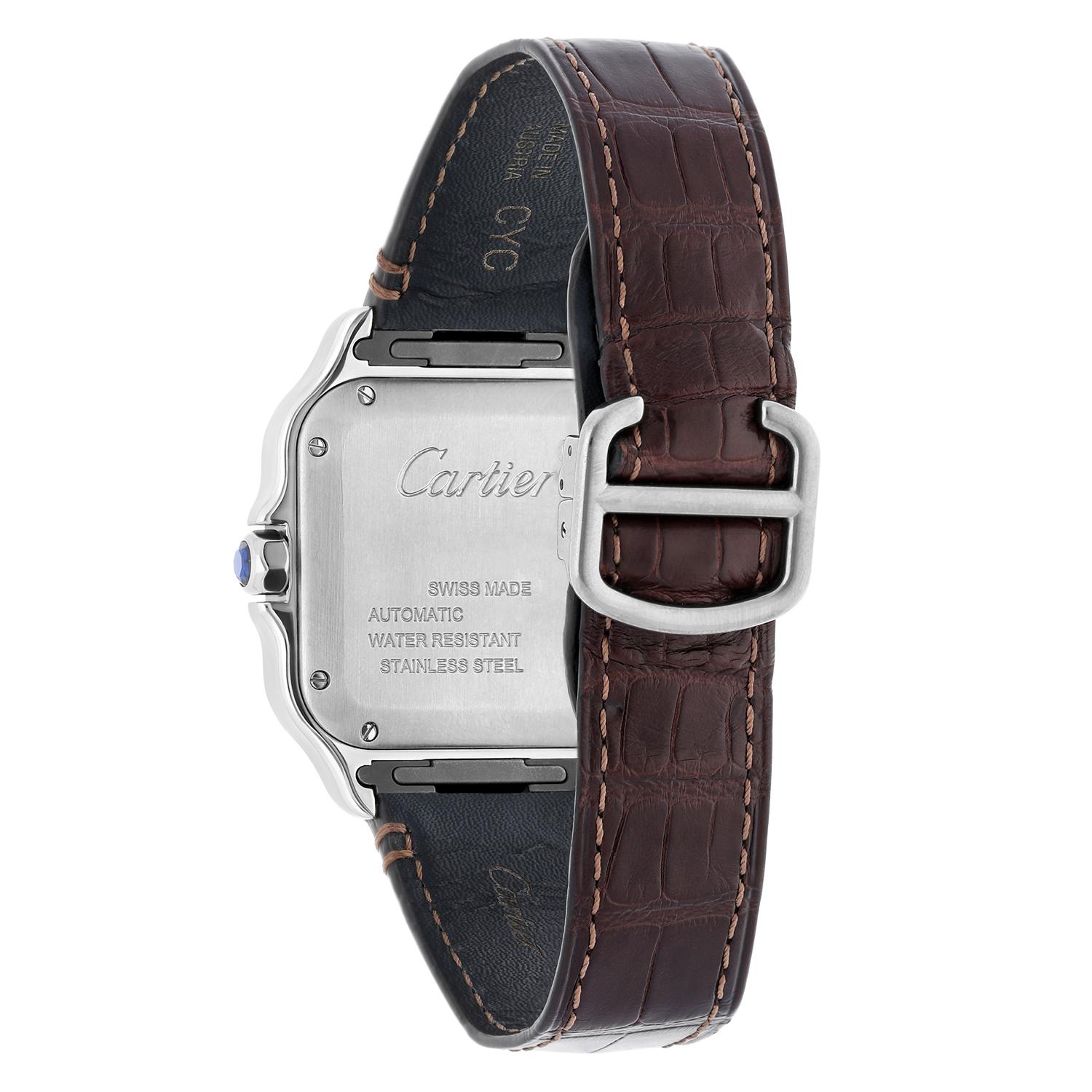 Cartier Santos WSSA0029 Montre en acier inoxydable de taille moyenne avec bracelet en cuir en vente 3