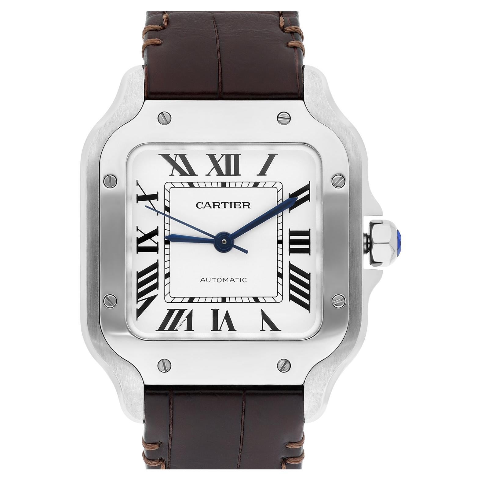 Cartier Santos WSSA0029 Medium Size Stainless Steel Watch Leather Band For Sale