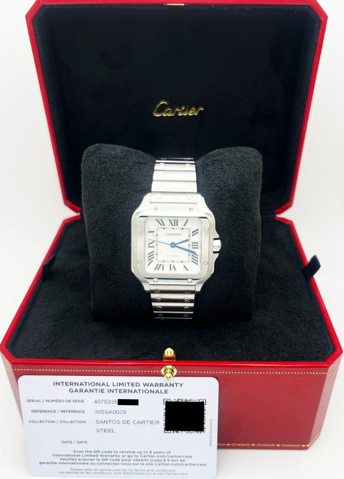 Style Number: WSSA0029 Ref 4075

Model: Santos - Size Medium

Case Material: Stainless Steel

Band: Stainless Steel

Bezel: Stainless Steel

Dial: Silver Dial

Face: Sapphire Crystal 

Case Size: 35.1 mm x 41.9 mm

 Includes: 

-Cartier Box &