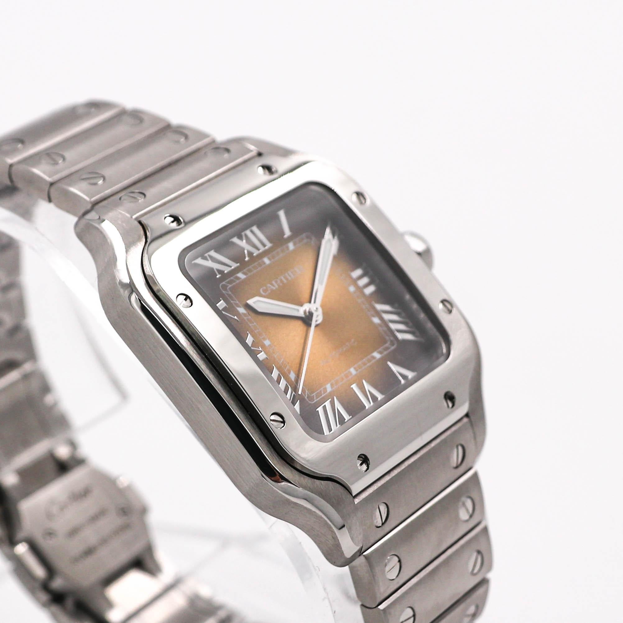 Silver-tone stainless steel case and bracelet. Fixed silver-tone stainless steel bezel. Brown dial with silver-tone hands and Roman numeral hour markers. Minute scale around the inner rim. Dial Type: Analog. Luminescent hands and markers. Date