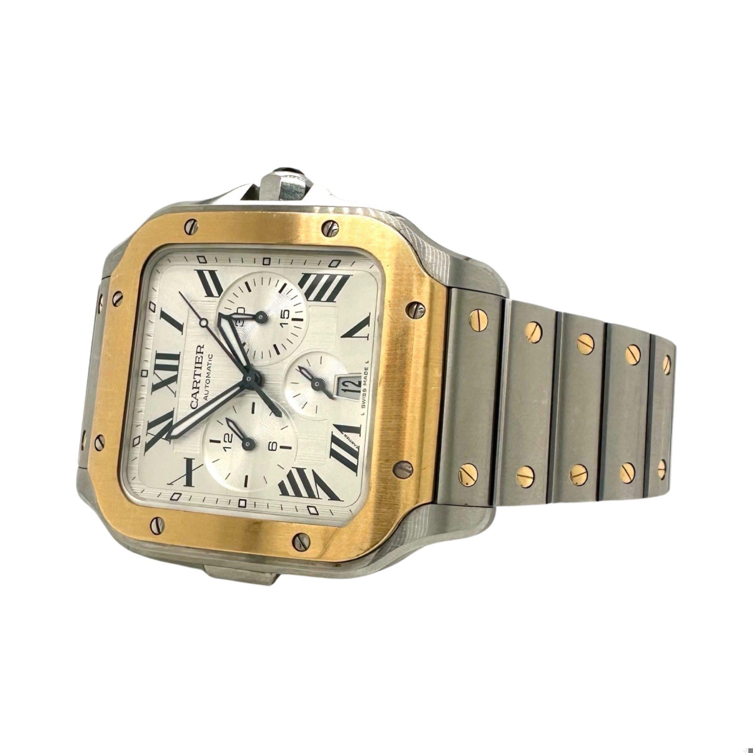 Voici la montre Cartier Santos XL - la combinaison ultime du luxe et de la fonctionnalité. Fabriquée avec un mélange étonnant d'or jaune et d'acier inoxydable, cette montre est la pièce d'apparat parfaite pour toutes les occasions. Dotée d'un