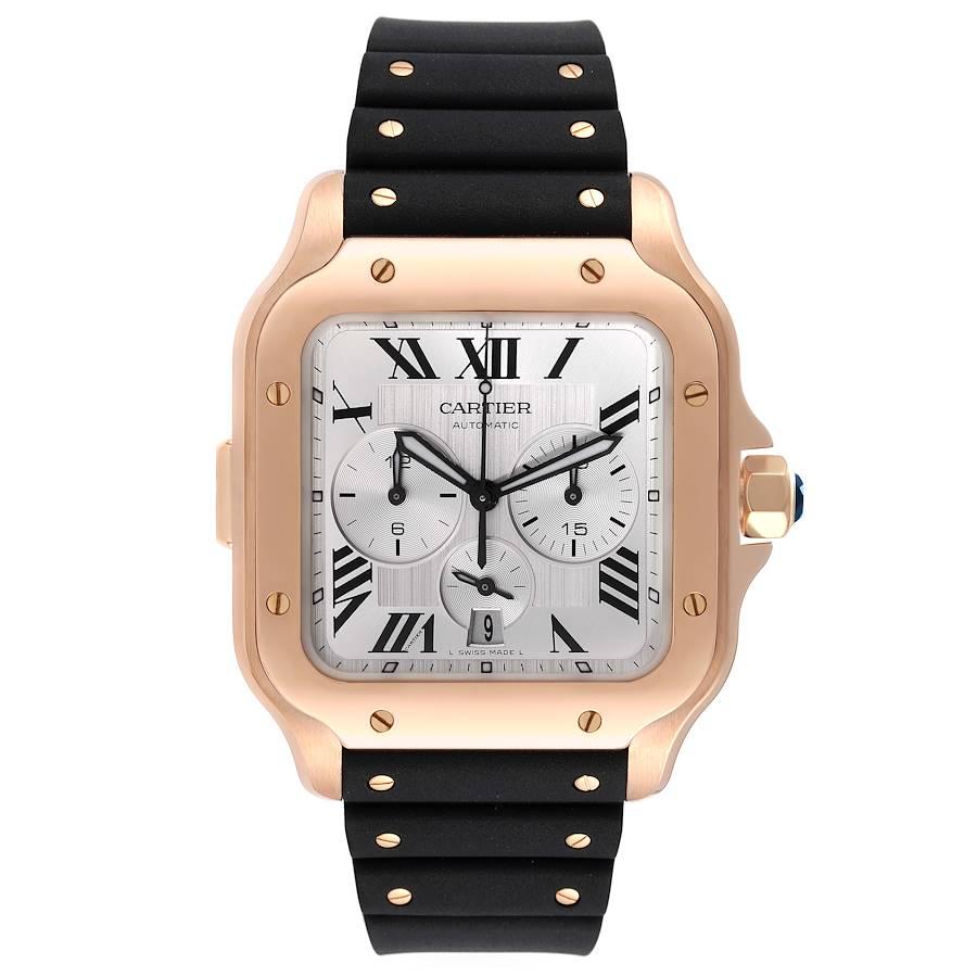 Cartier Santos XL Chronograph Rose Gold Mens Watch WGSA0017 Box Card. Automatic self-winding chronograph movement caliber 1904 CH MC. 18k rose gold case 43.3 mm wide. Protected 7-sided crown set with a faceted black synthetic spinel. One chronograph