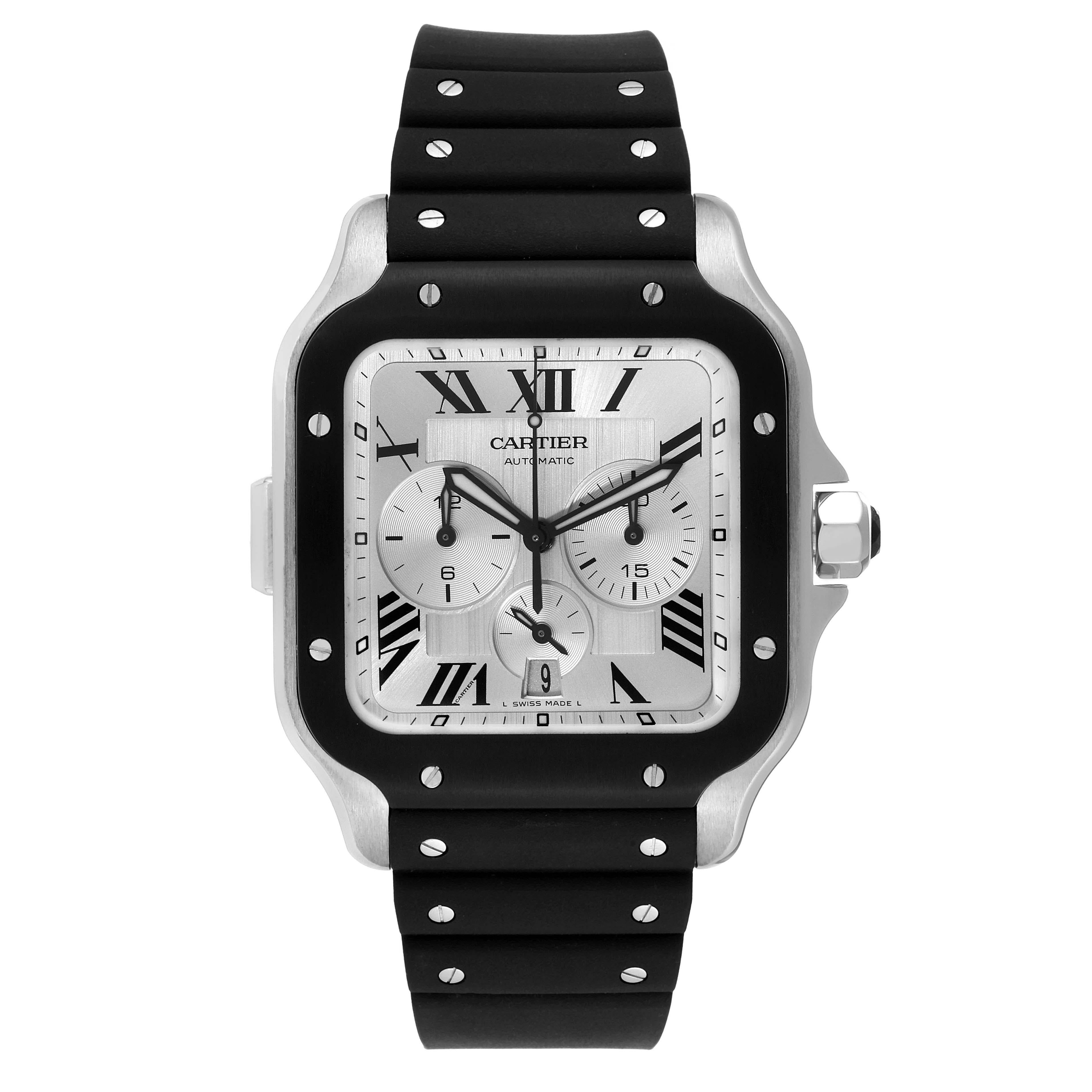 Cartier Santos XL Chronograph Steel ADLC Mens Watch WSSA0017 Card. Automatic self-winding chronograph movement. Stainless steel case 43.3 mm wide. Protected 7-sided crown set with a faceted black spinel. One chronograph pusher at 9 o'clock, with a