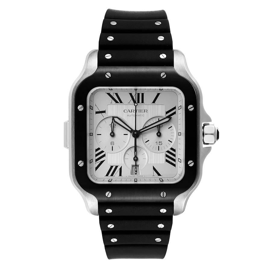 Cartier Santos XL Chronograph Steel ADLC Mens Watch WSSA0017 Unworn. Automatic self-winding chronograph movement caliber 1904 CH MC. Stainless steel case 43.3 mm wide. Protected 7-sided crown set with a faceted black synthetic spinel. One