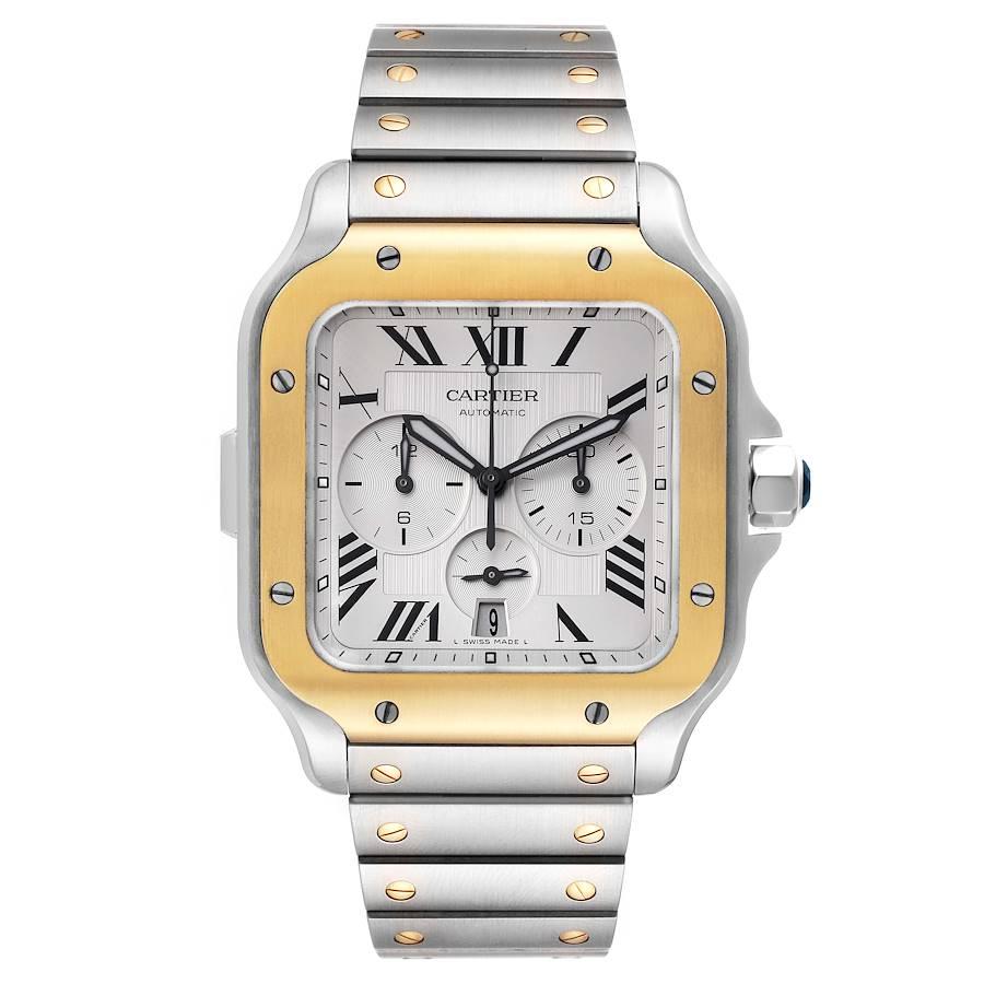 Cartier Santos XL Chronograph Steel Yellow Gold Mens Watch W2SA0008 Box Card. Automatic self-winding chronograph movement, Caliber 1904 CH MC. Stainless steel case 44.9 mm x 51.3 mm. Case thickness: 12.4 mm. Protected octagonal crown set with a
