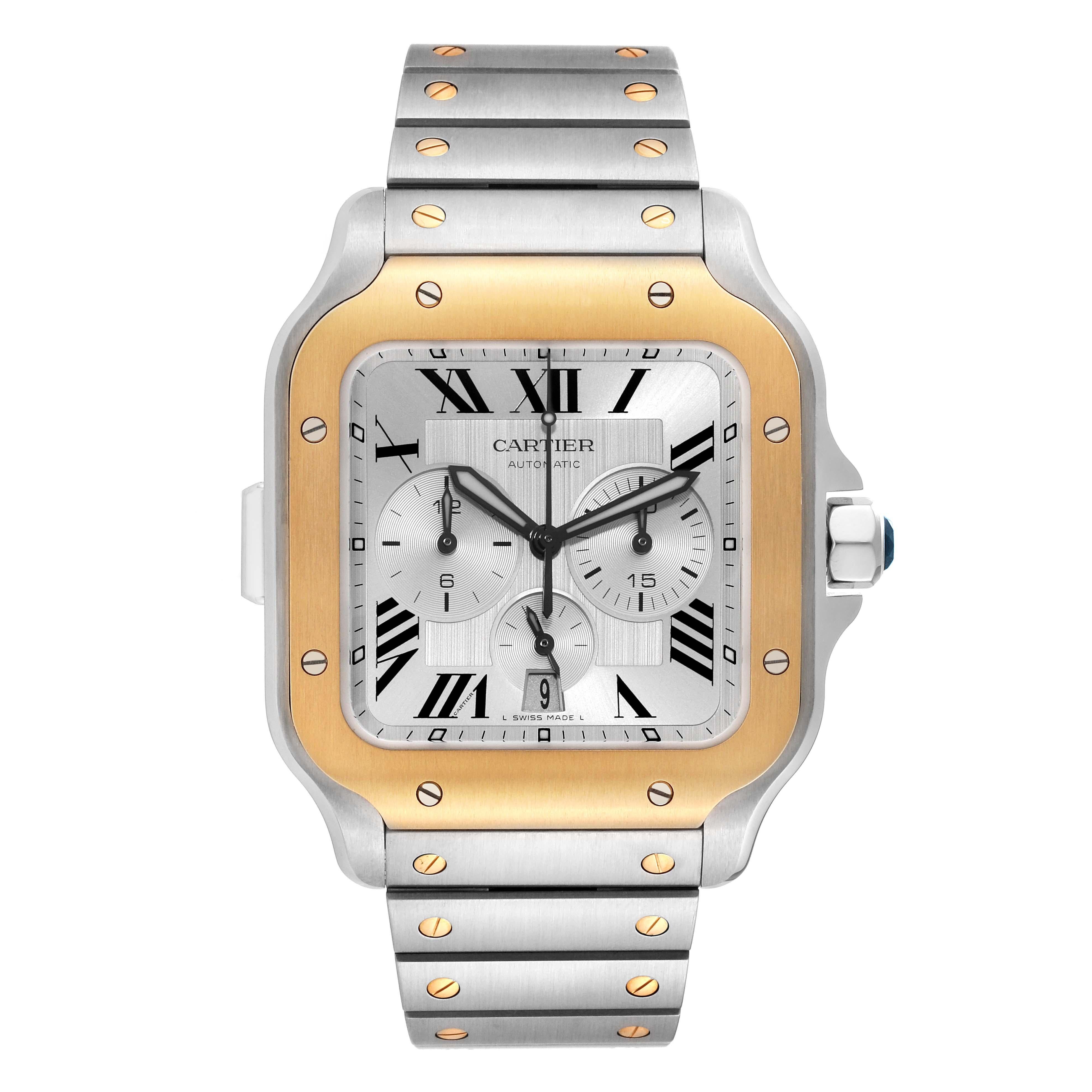 Cartier Santos XL Chronograph Steel Yellow Gold Mens Watch W2SA0008 Box Card. Mouvement chronographe à remontage automatique, calibre 1904 CH MC. Boîtier en acier inoxydable 44,9 mm x 51,3 mm. Épaisseur du boîtier : 12.4 mm. Couronne octogonale