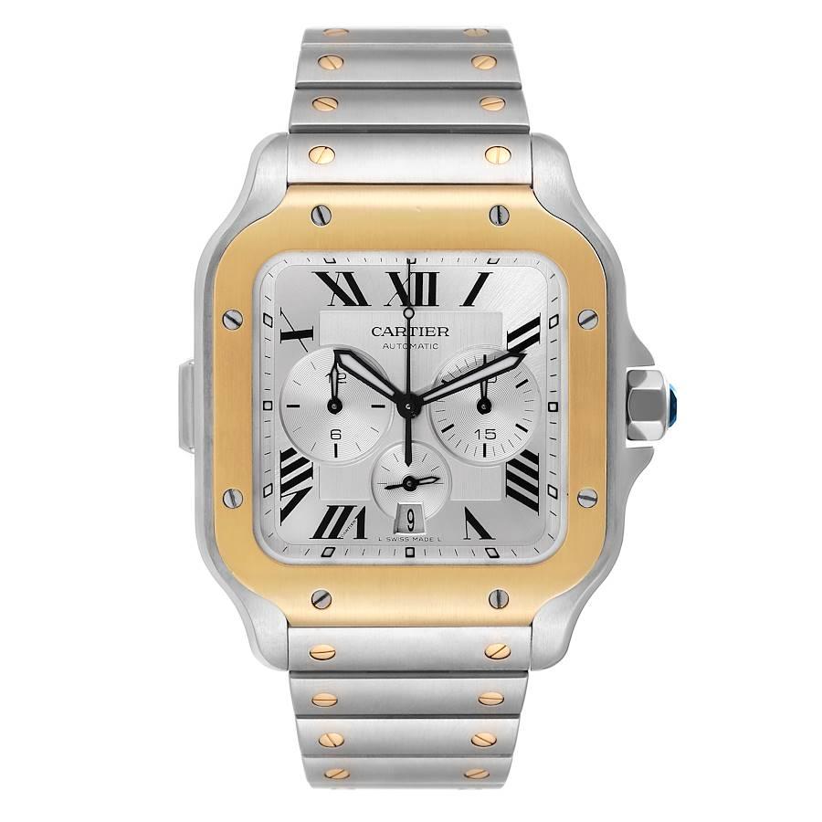 Cartier Santos XL Chronograph Stahl Gelbgold Herrenuhr W2SA0008 Box Papiere. Automatisches Chronographenwerk mit Selbstaufzug, Kaliber 1904 CH MC. Gehäuse aus Edelstahl 44,9 mm x 51,3 mm. Gehäusedicke: 12.4 mm. Geschützte achteckige Krone, besetzt
