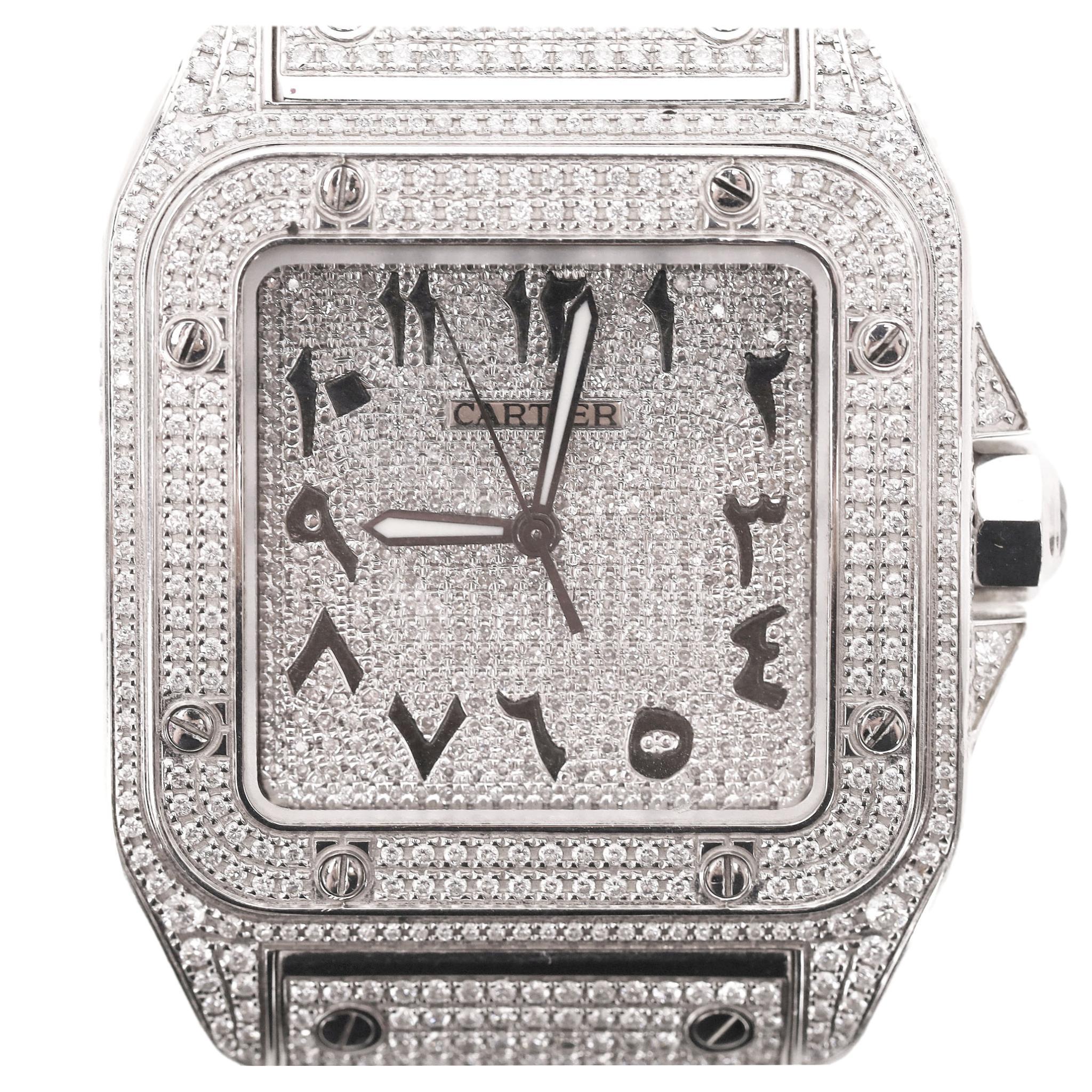 Round Cut Cartier Santos XL Fully Pave Diamond & Stainless Steel Watch With Arab For Sale