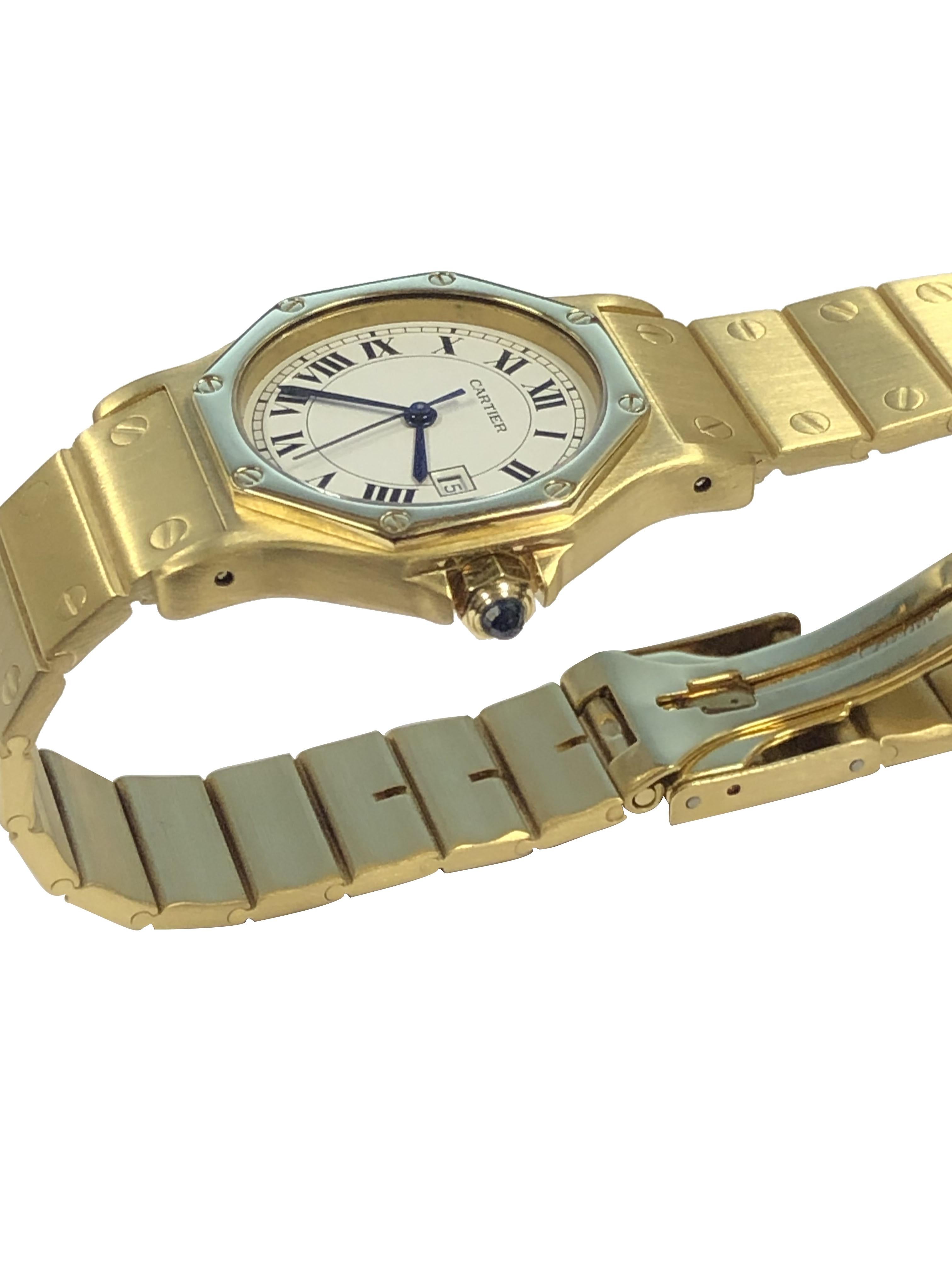 Circa 1980 Cartier Santos Octagon Mid Size Wrist Watch, 30 M.M. 3 piece Octagon Water proof case, Automatic, self winding movement, White dial with Black Roman numerals, sweep seconds hand and a Calendar window at the 3 position. Sapphire Crown. 5/8