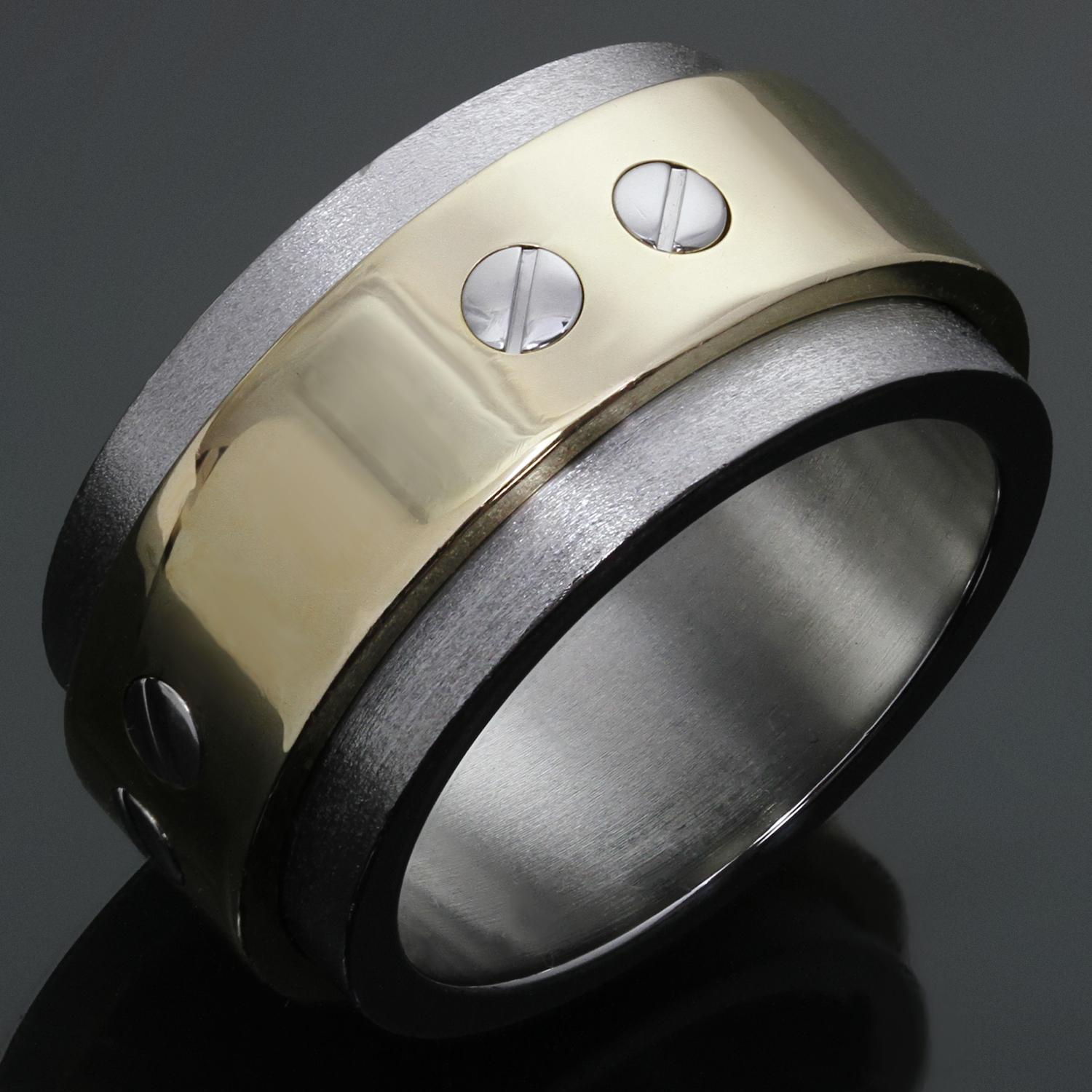 This classic Cartier ring from the iconic Santos collection is crafted in 18k yellow gold and stainless steel and accented with the signature screw elements. Made in France circa 1990s. Measurements: 0.47