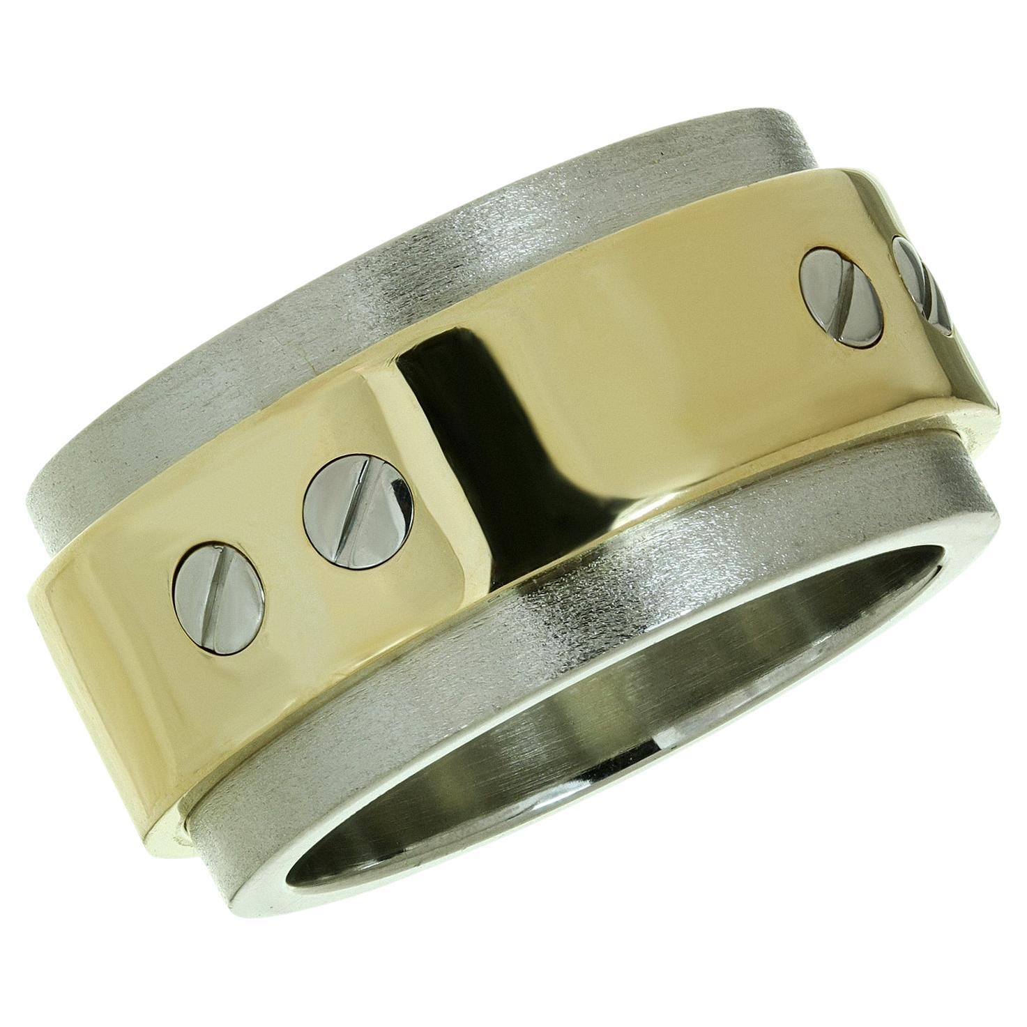 Cartier Santos 18k Yellow Gold Stainless Steel Band Ring For Sale