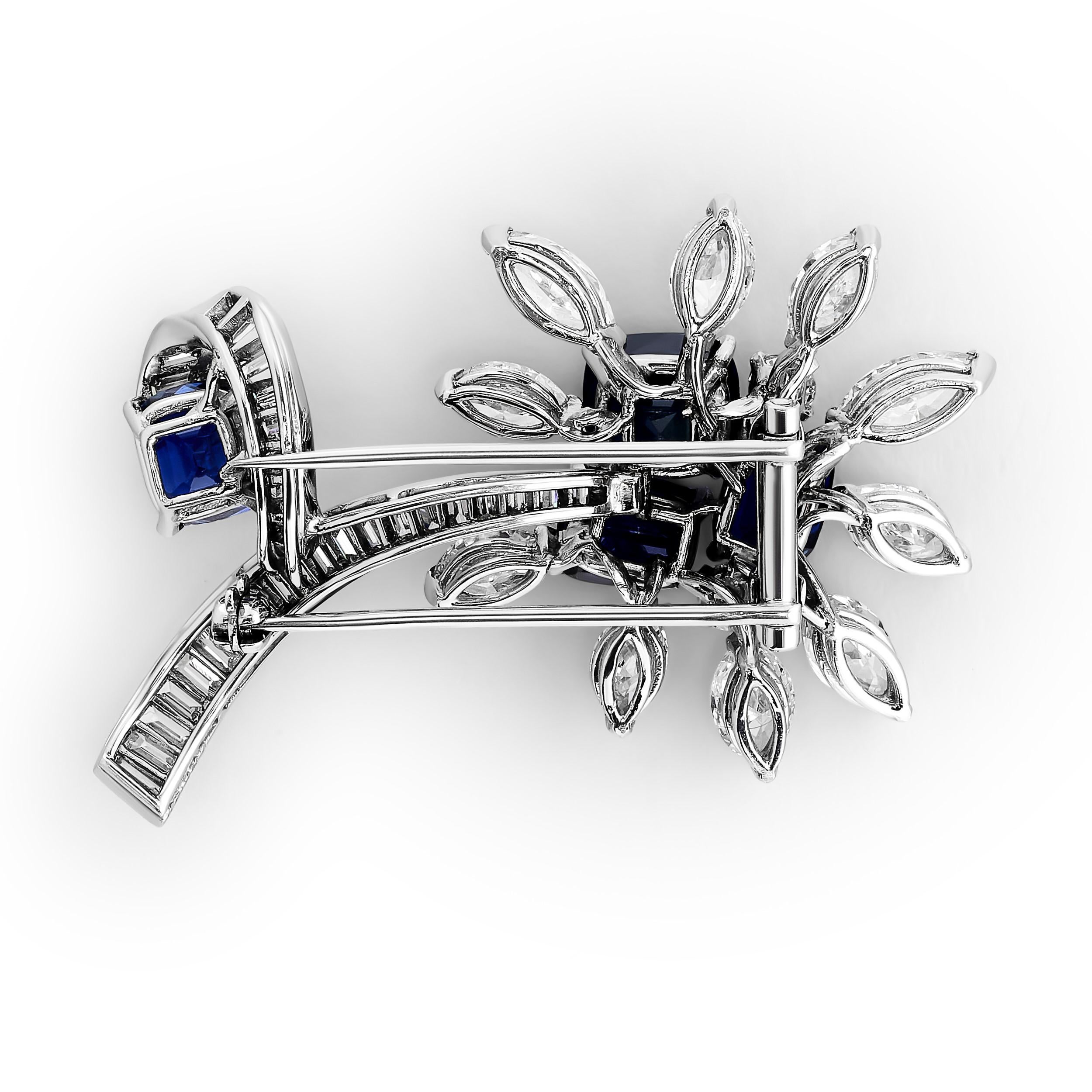 The Cartier sapphire and diamond flower pin is a breathtaking piece of artistry, with deep blue sapphires and brilliant diamonds meticulously arranged to form a delicate bloom.

This pin features 4 cushion cut sapphires that weigh approximately 7.30