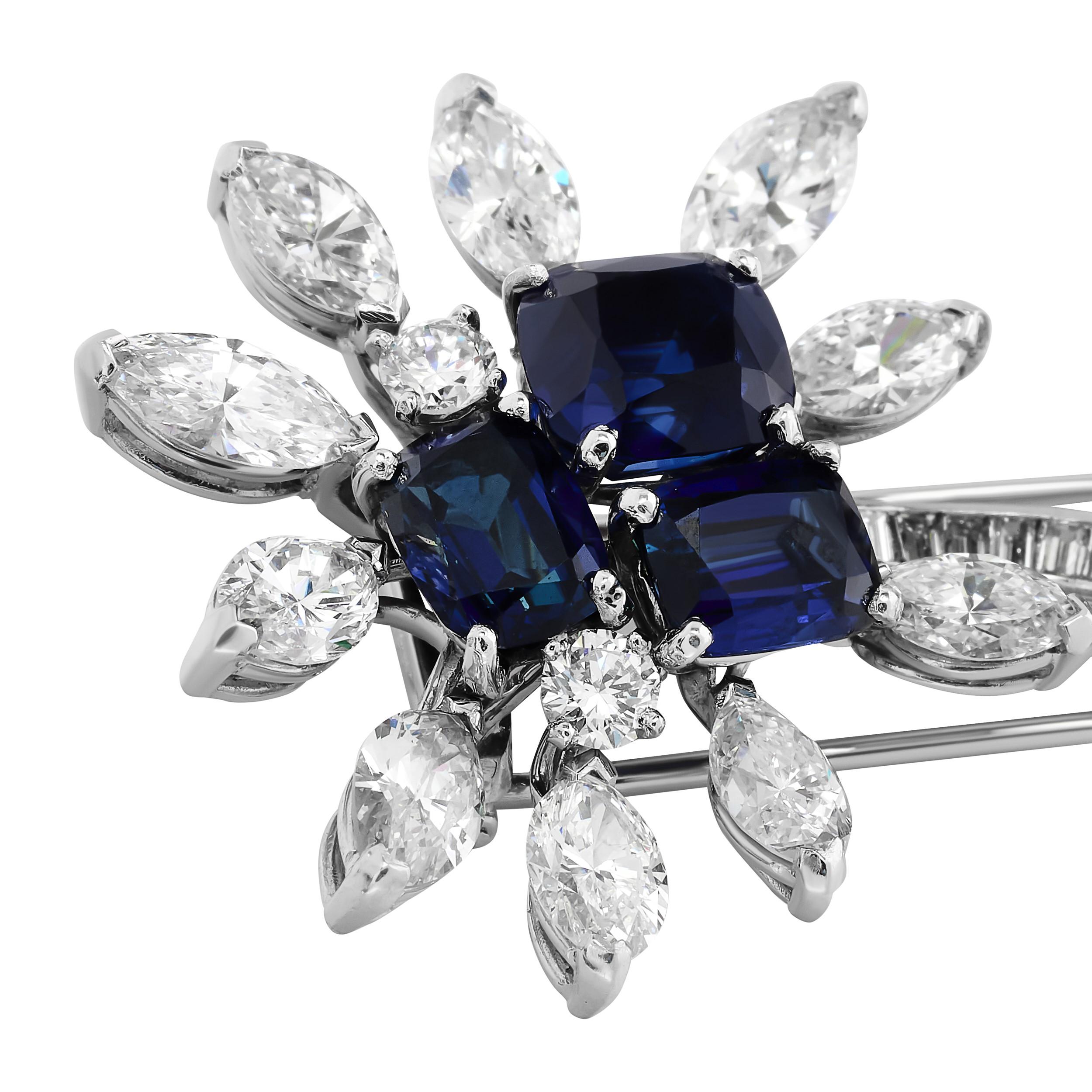 Cushion Cut Cartier Sapphire and Diamond Flower Pin in Platinum For Sale