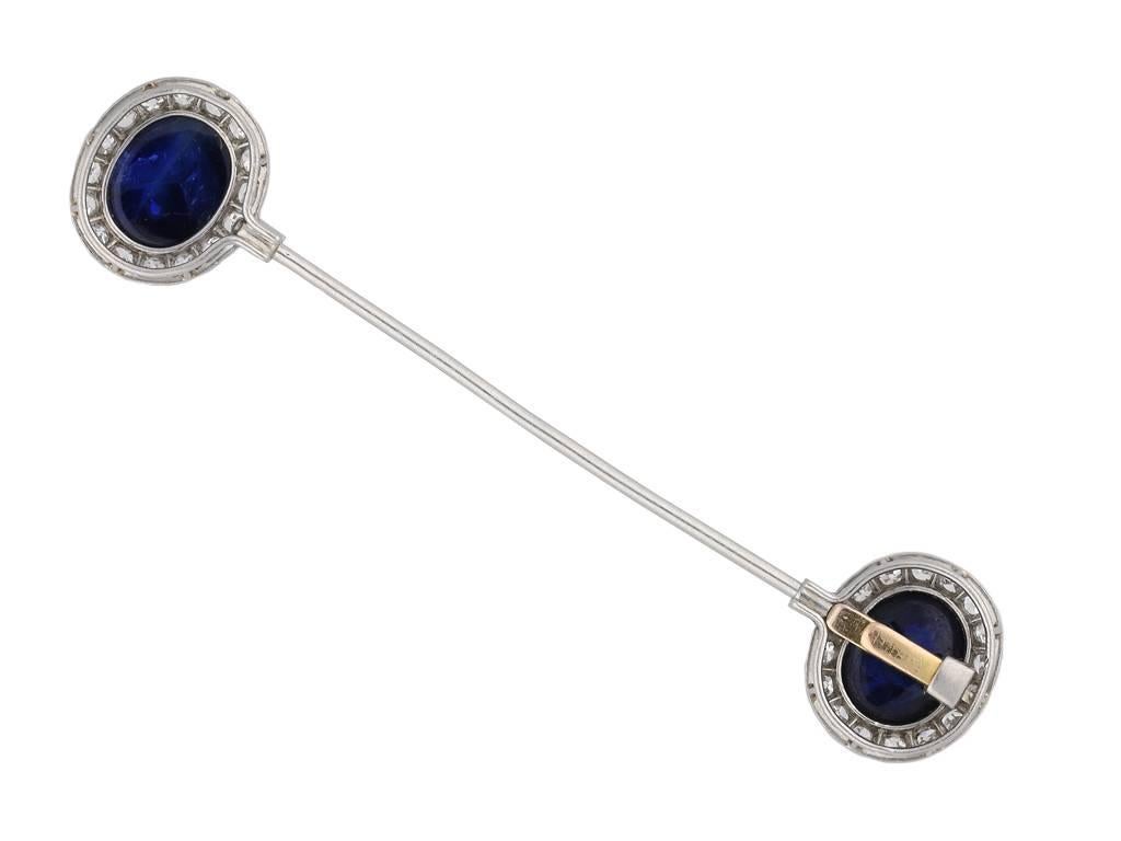 Cabochon Cartier sapphire and diamond jabot pin, French, 1918. For Sale