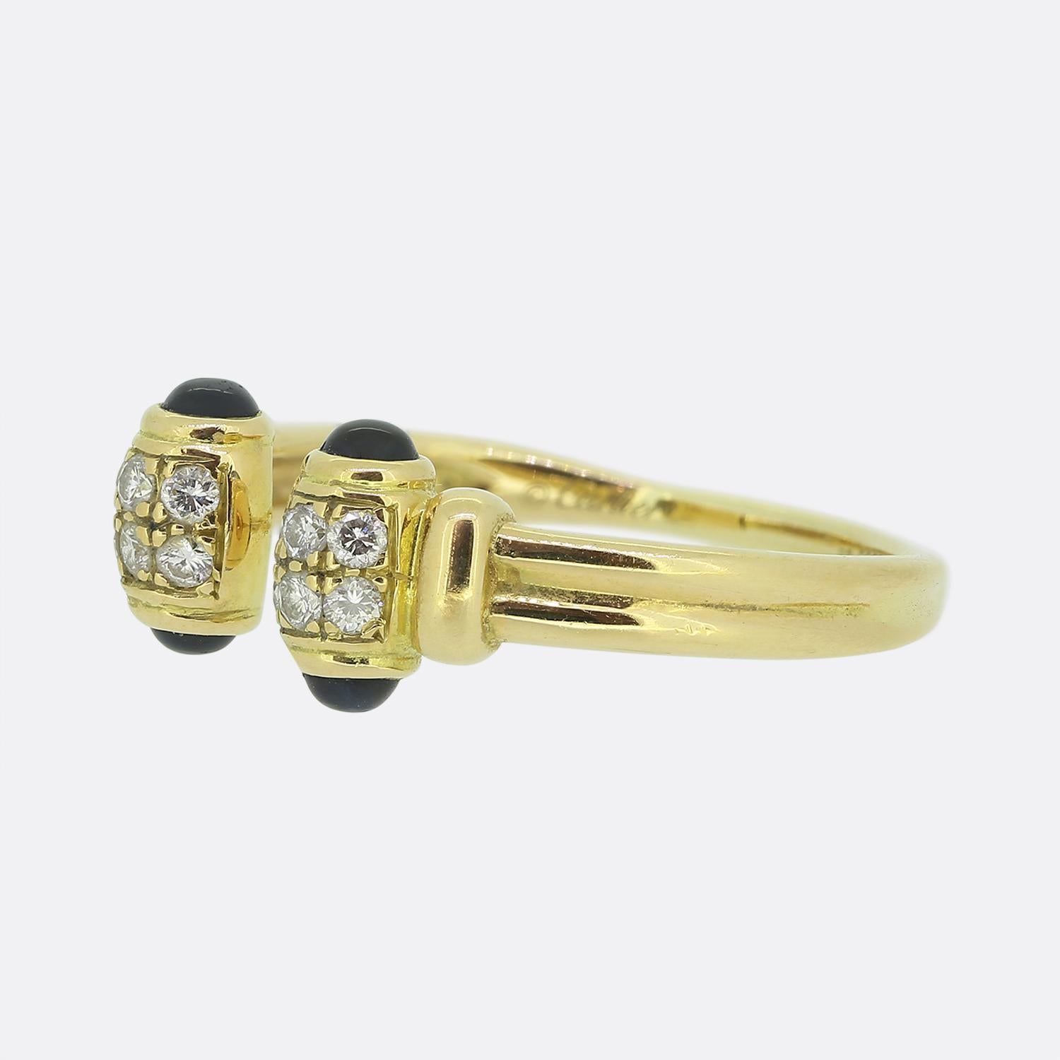 Here we have a distinctively stylish ring from the world renowned luxury jewellery house of Cartier. This vintage piece has been crafted from a warm 18ct yellow gold with a ribbed band leading to an opening at the front. Each ending plays host to a