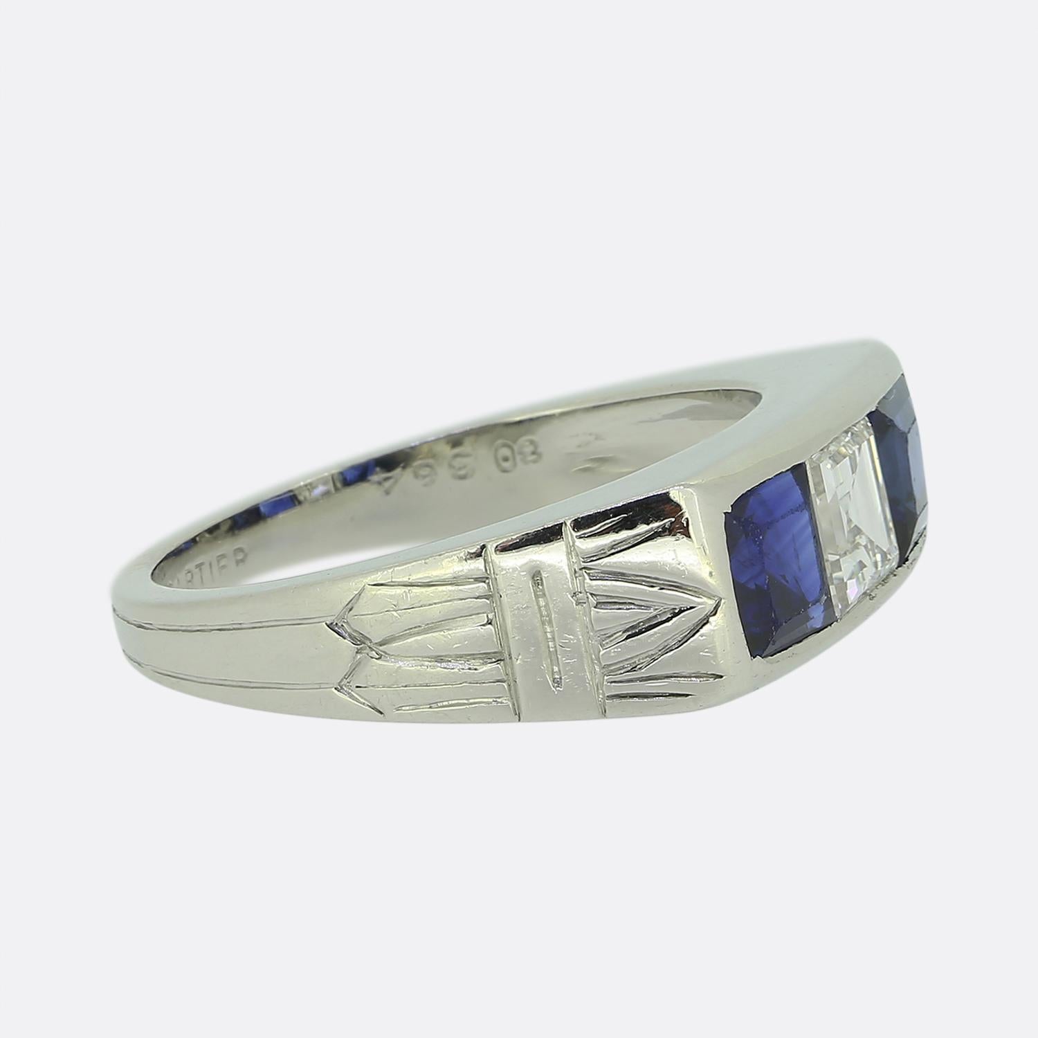 Square Cut Cartier Sapphire and Diamond Three-Stone Ring For Sale