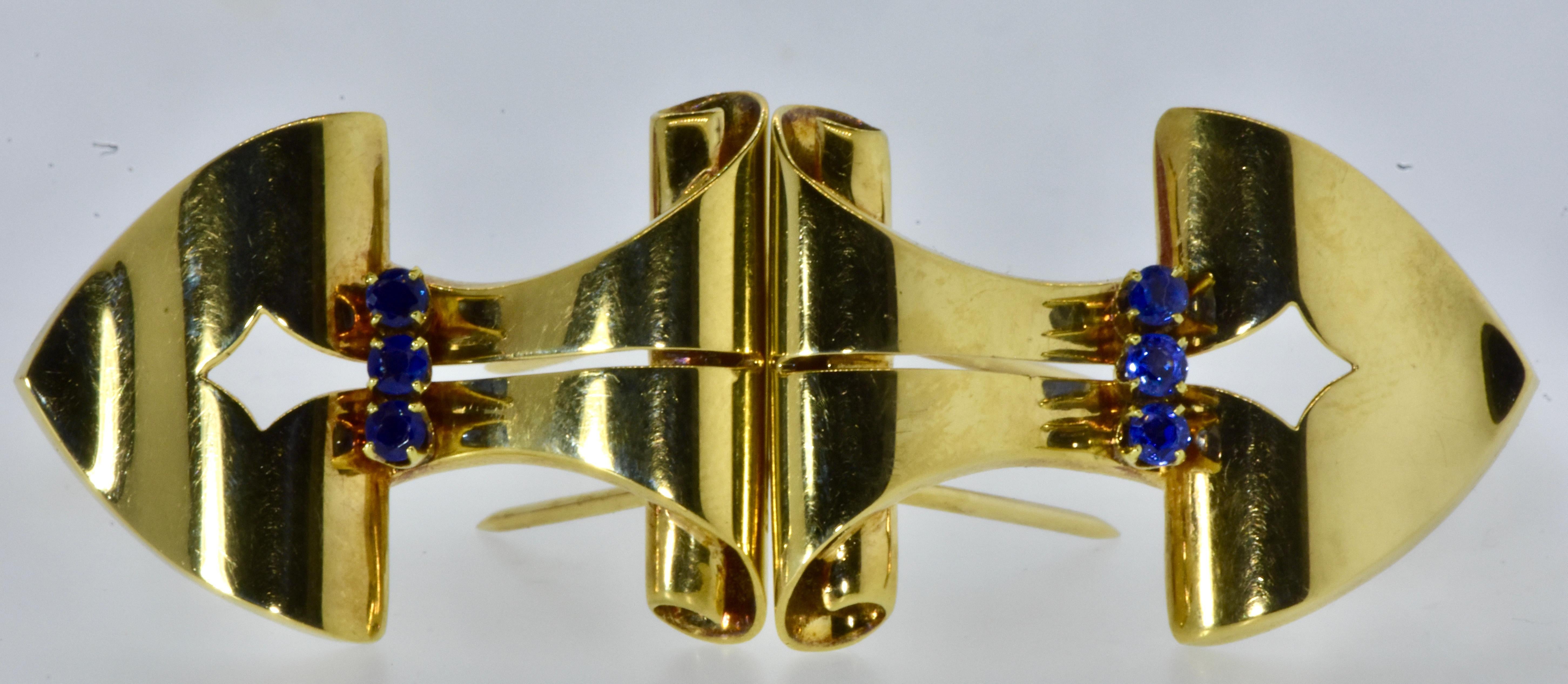 Cartier Sapphire and Yellow Gold Double Clips, c. 1935 For Sale 3