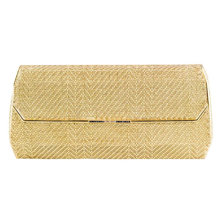 Cartier Sapphire Diamond 18 Karat Two-Tone Gold Basket Woven Clutch Evening Bag