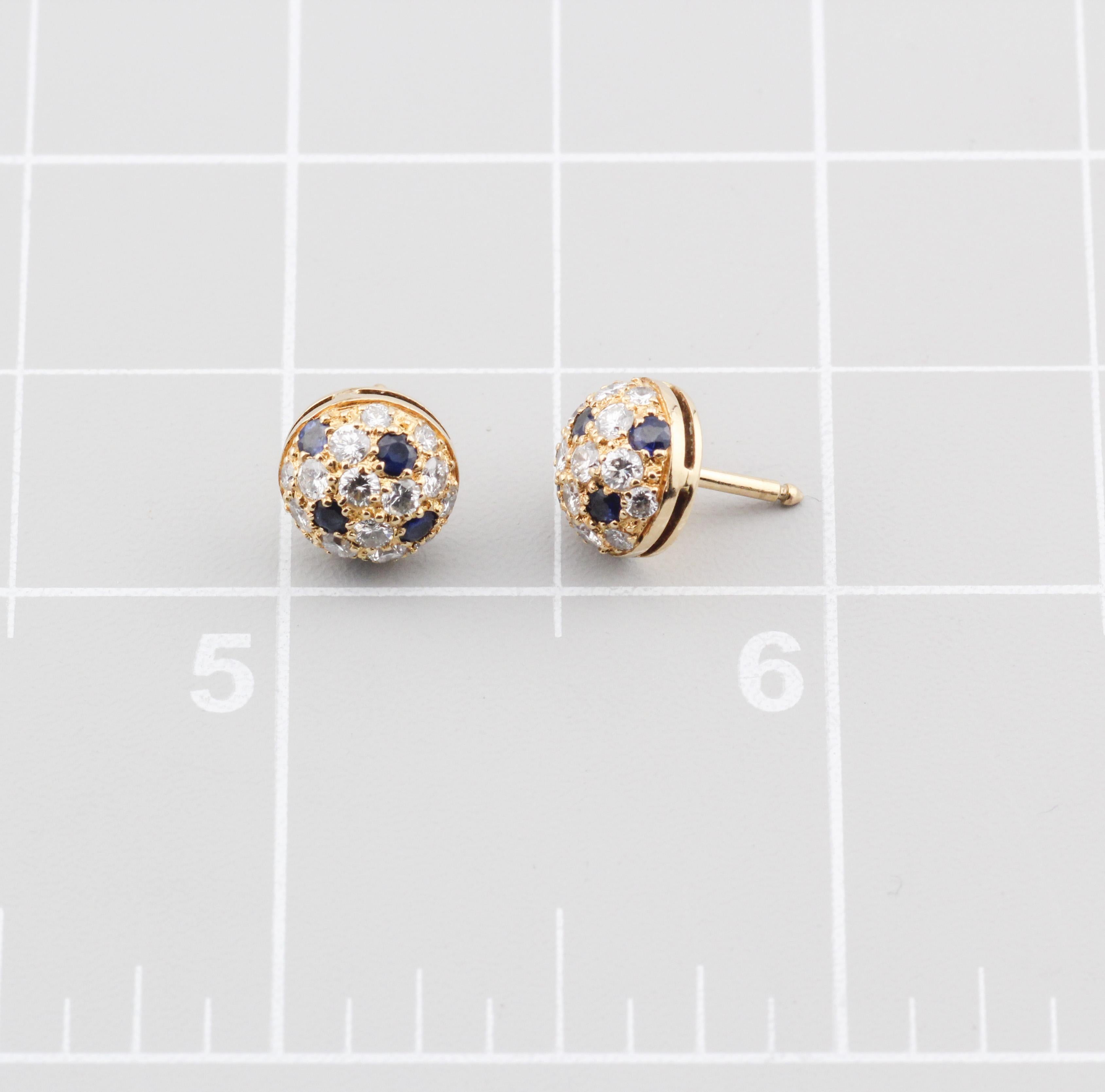 Brilliant Cut Cartier Sapphire Diamond 18K Yellow Gold Petite Dome Earrings For Sale