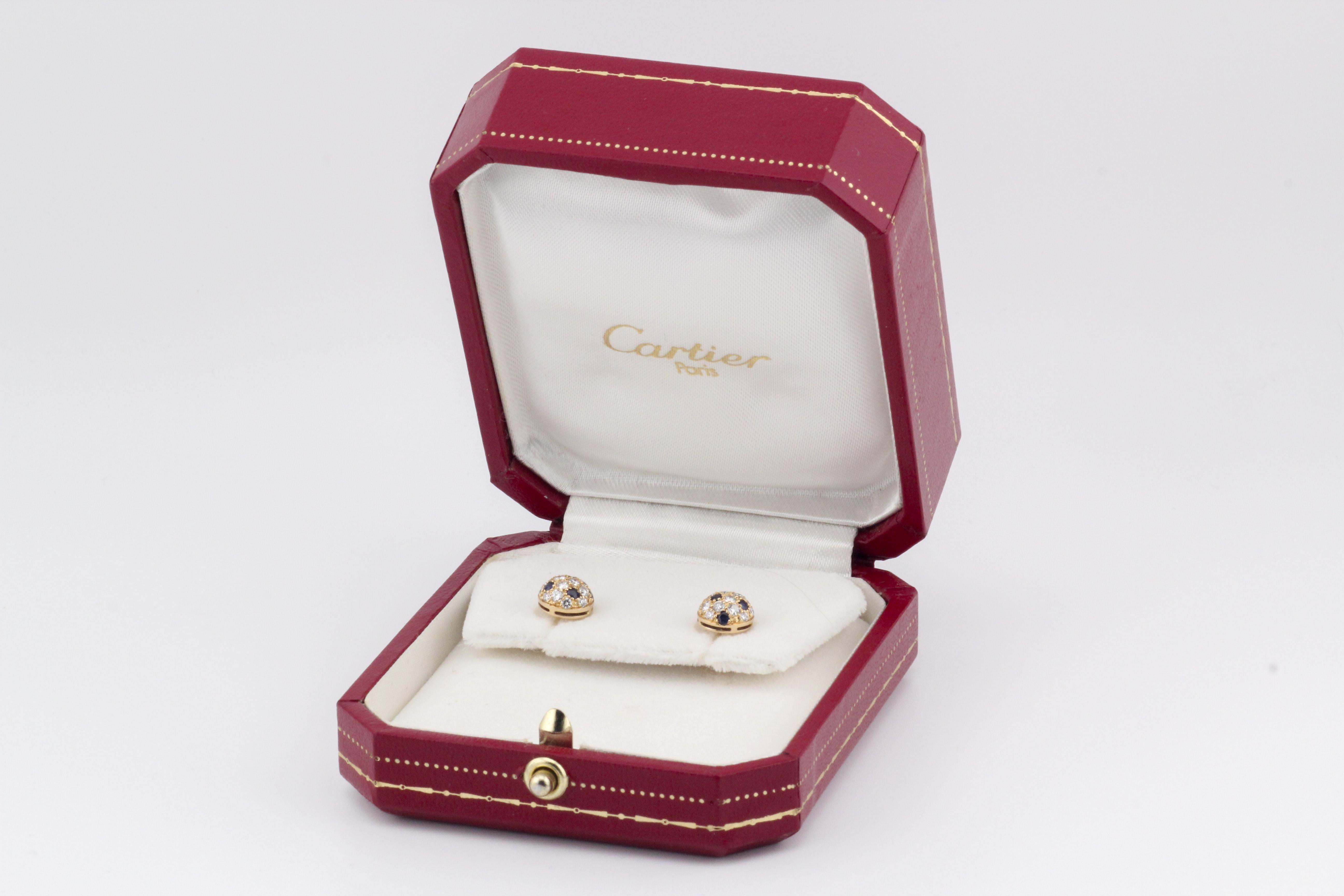 Cartier Sapphire Diamond 18K Yellow Gold Petite Dome Earrings In Good Condition For Sale In Simpsonville, SC
