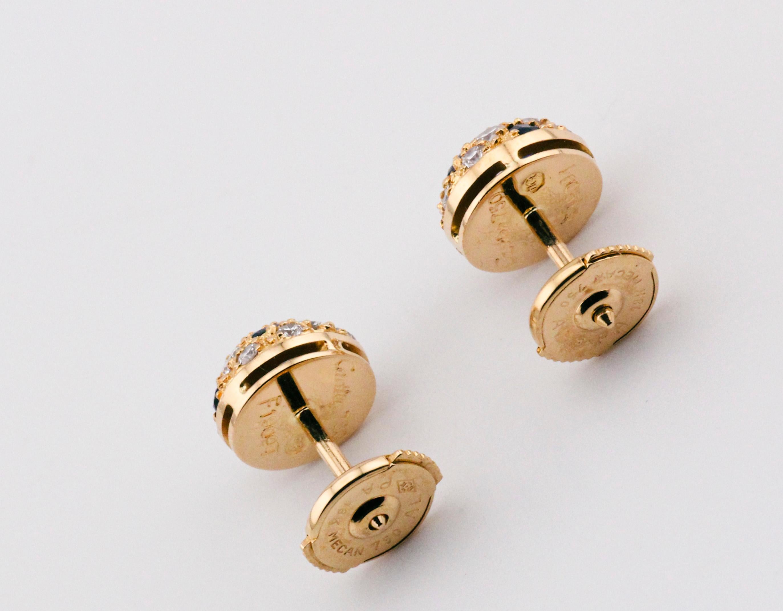 Women's or Men's Cartier Sapphire Diamond 18K Yellow Gold Petite Dome Earrings For Sale