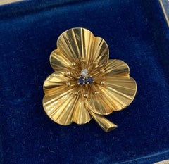 Cartier Sapphire Diamond Clover Flower Brooch 14 Karat Gold Mid-Century Retro