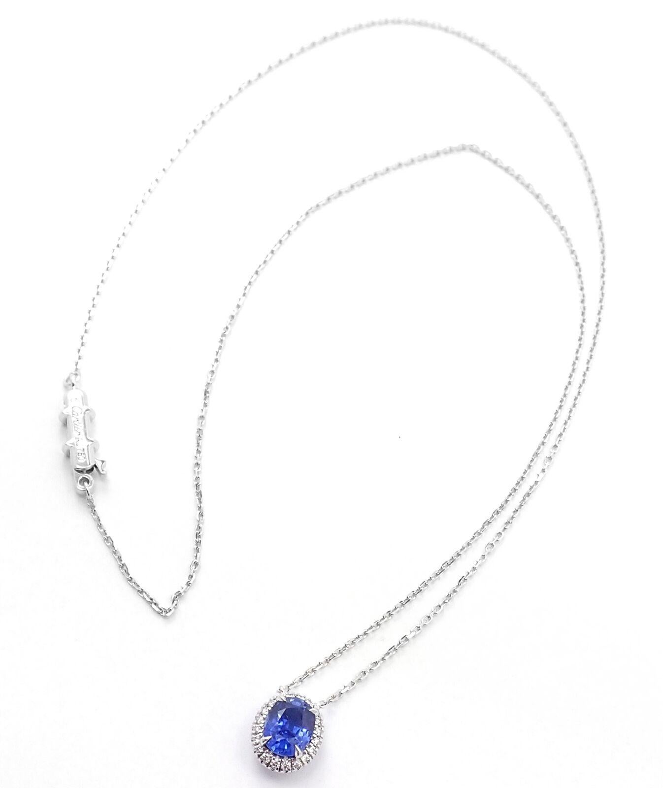 18k White Gold Diamond & Sapphire Pendant Necklace by Cartier. 
With 1 oval shape sapphire 7mm x 6mm approximately 1.5ct
20 round brilliant cut diamonds VS1 clarity, E color total weight approximately .10ct
Details: 
Chain Length: 16.25