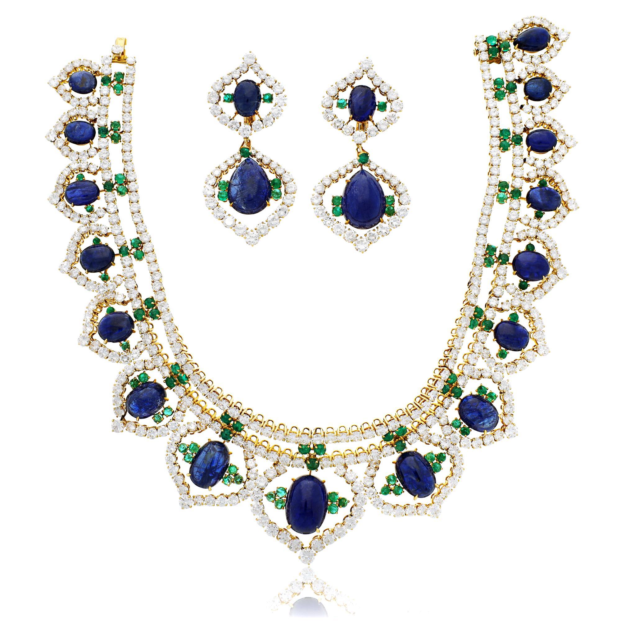 Cabochon CARTIER Sapphire, Emerald and Diamond Necklace and Earrings Set For Sale