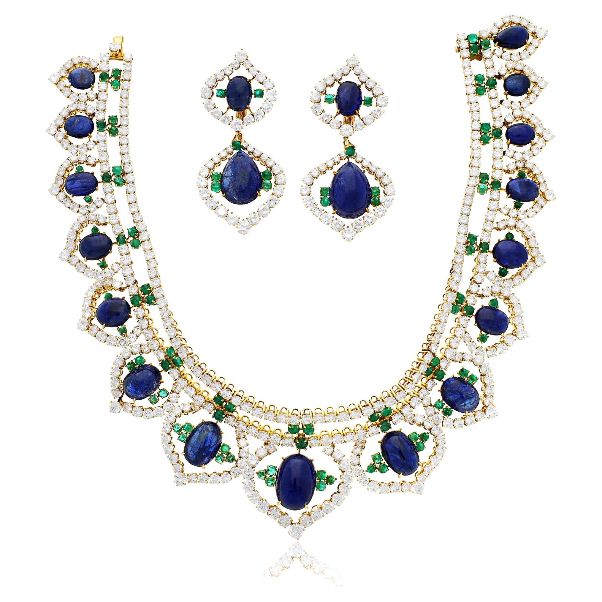 CARTIER Sapphire, Emerald and Diamond Necklace and Earrings Set For Sale