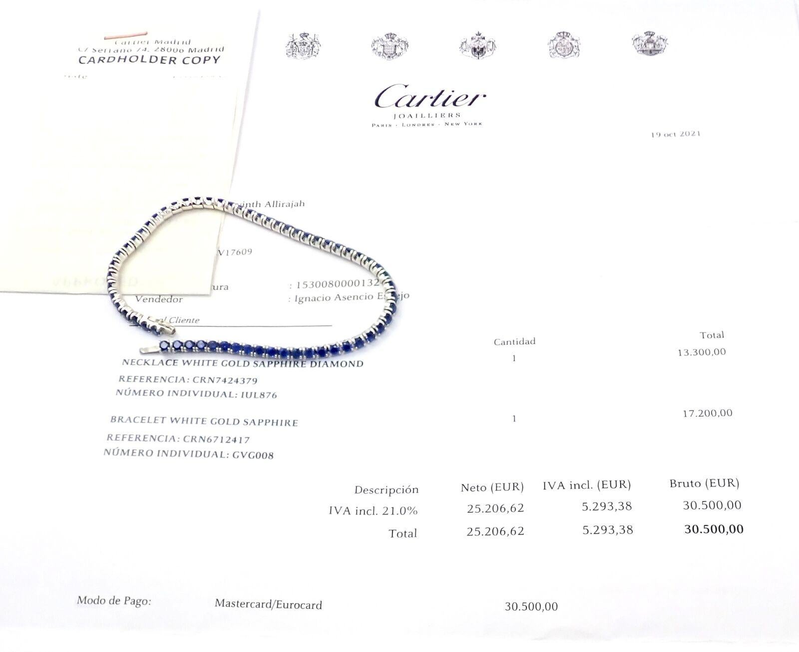 18k White Gold Sapphire Essential Lines Tennis Bracelet by Cartier. 
This bracelet comes with Cartier paper and Cartier box.
With 61 brilliant-cut sapphires
Details: 
Length: 7