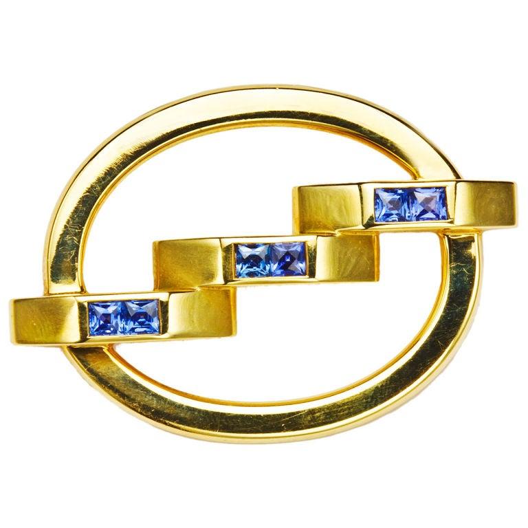 Brilliant Cut Cartier Sapphire Gold Oval Brooch