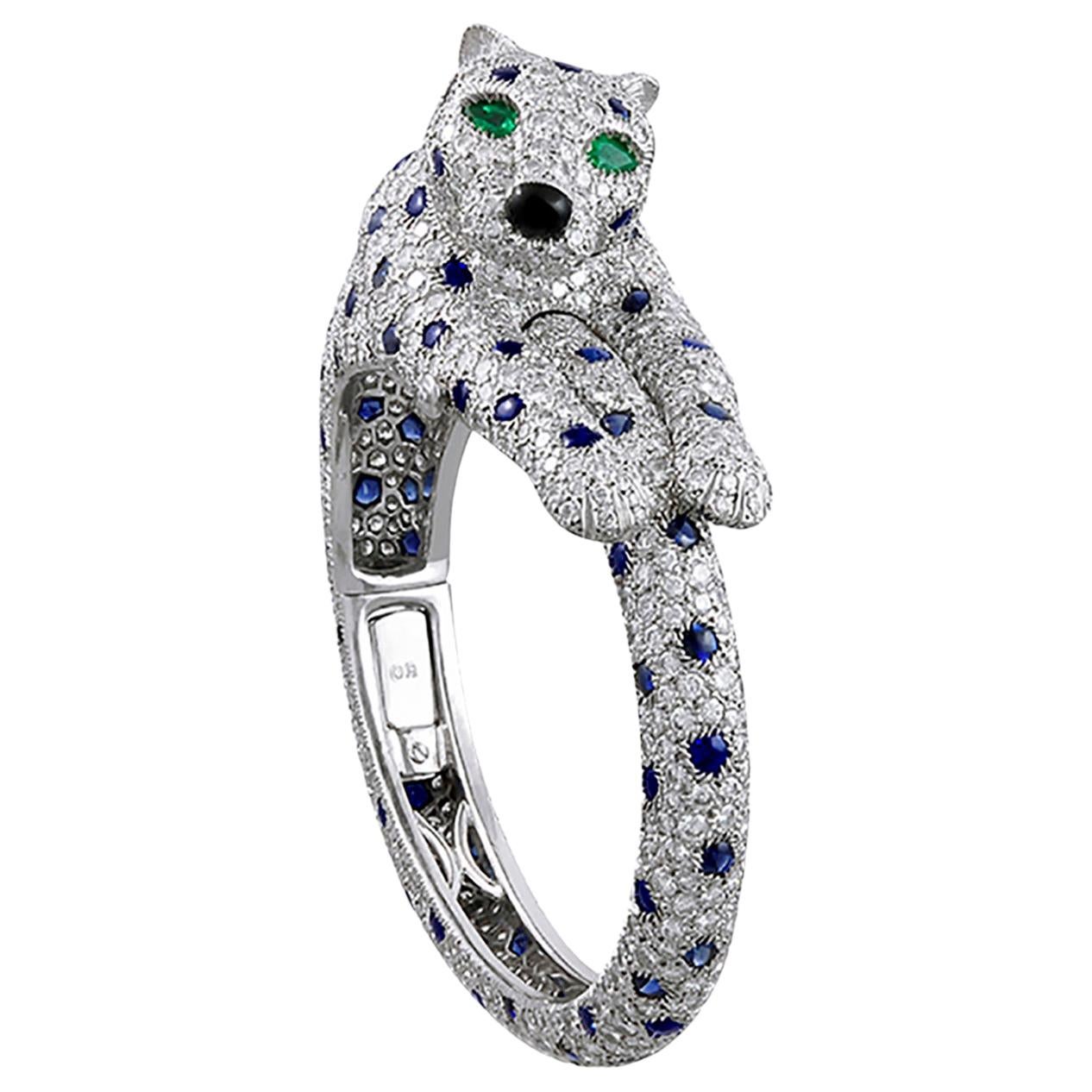 Cartier Sapphire, Onyx and Emerald Panther Bracelet For Sale