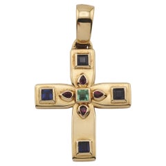 Cartier Sapphire Ruby Emerald 18k Yellow Gold Byzantine Cross Charm Pendant